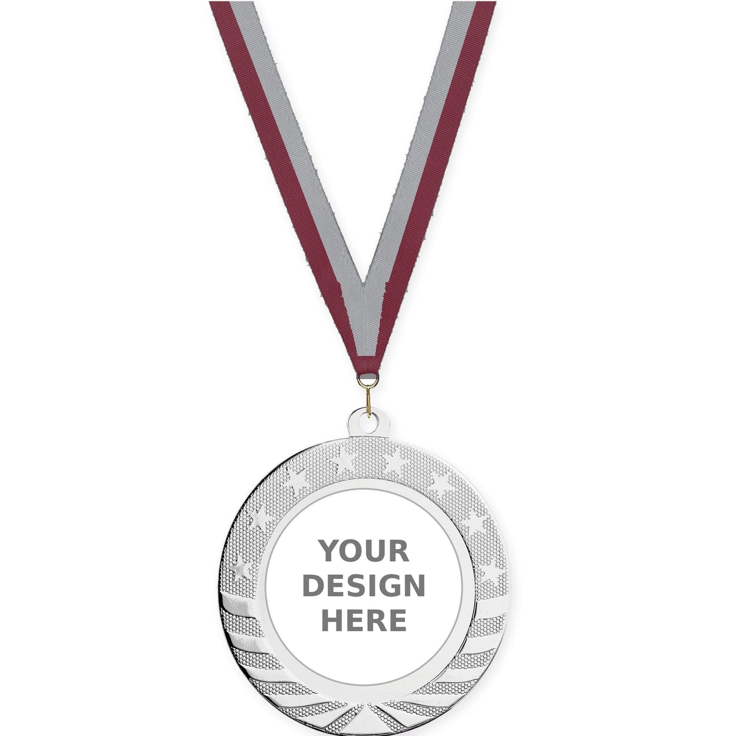 2 3/4 inch Starbrite insert medal in bright silver with Maroon Gray neck ribbon