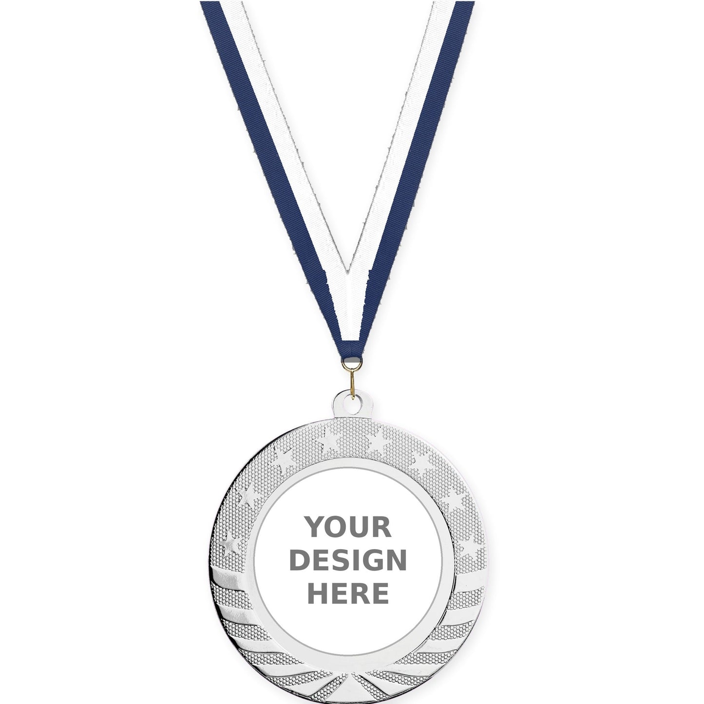 2 3/4 inch Starbrite insert medal in bright silver with Navy White neck ribbon