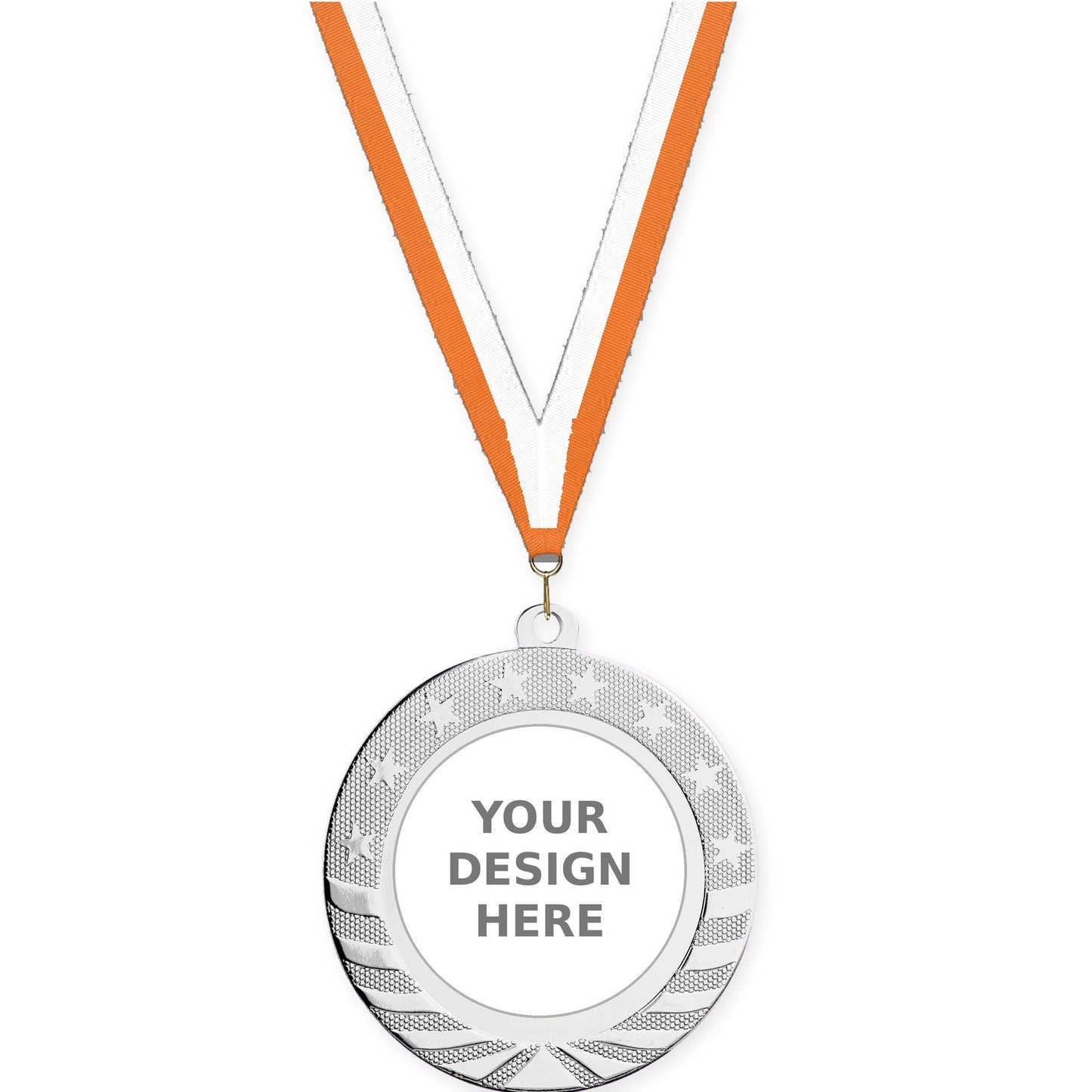 2 3/4 inch Starbrite insert medal in bright silver with Orange White neck ribbon