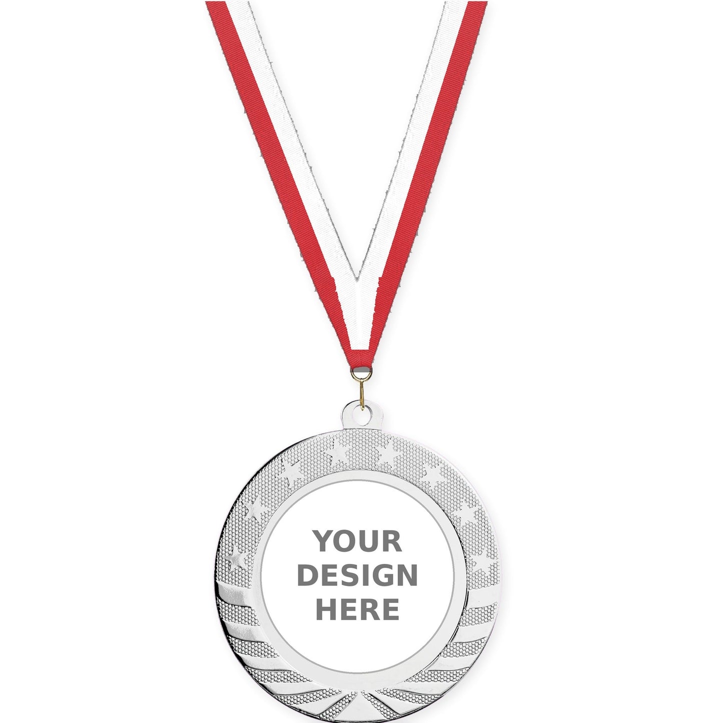 2 3/4 inch Starbrite insert medal in bright silver with Red White neck ribbon