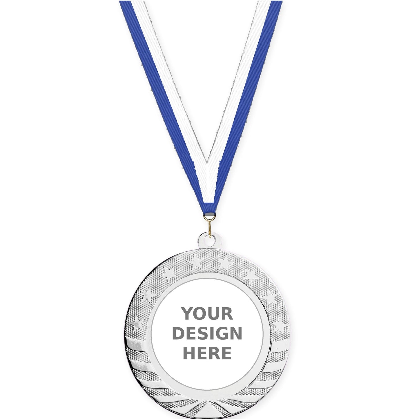 2 3/4 inch Starbrite insert medal in bright silver with Blue White neck ribbon