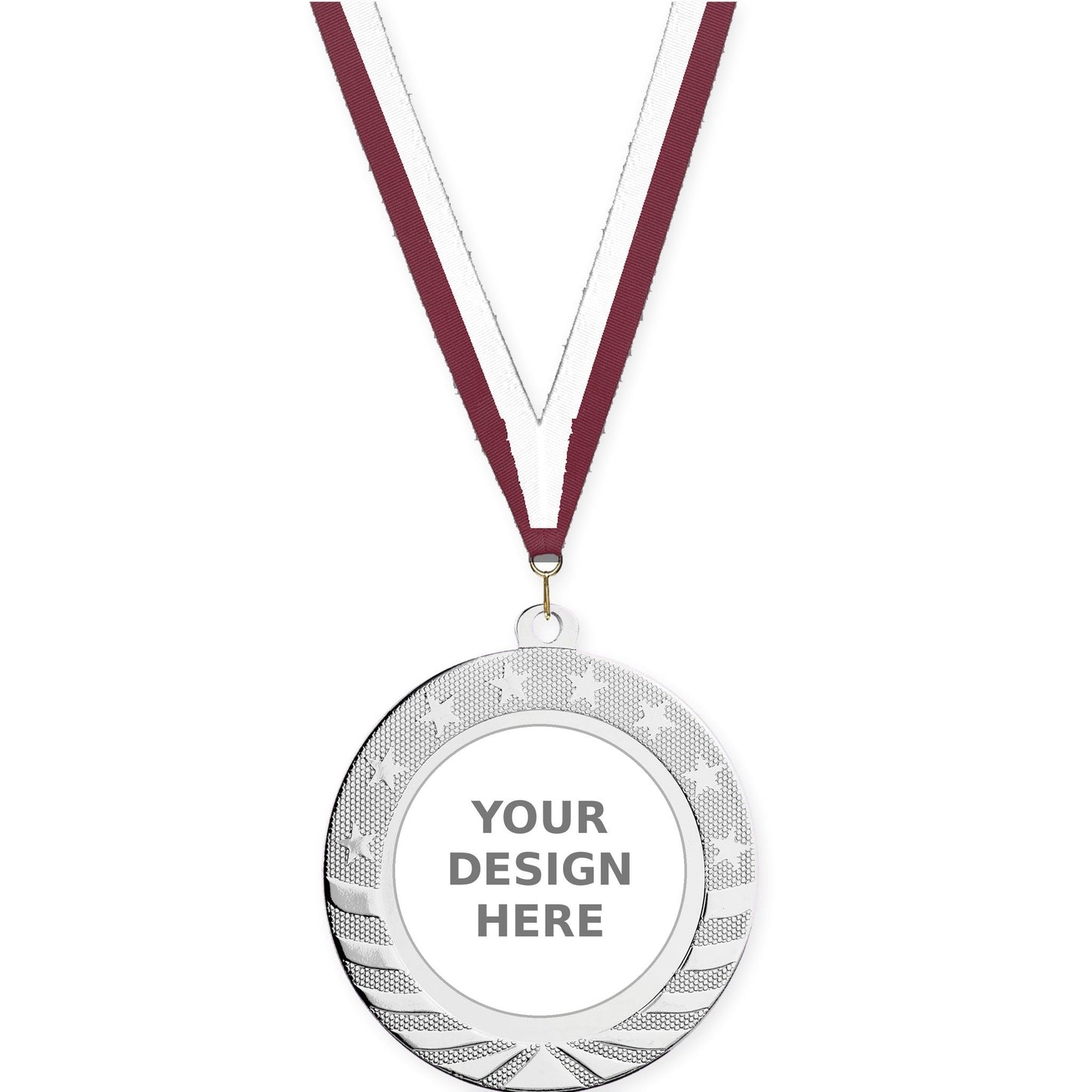 2 3/4 inch Starbrite insert medal in bright silver with Maroon White neck ribbon