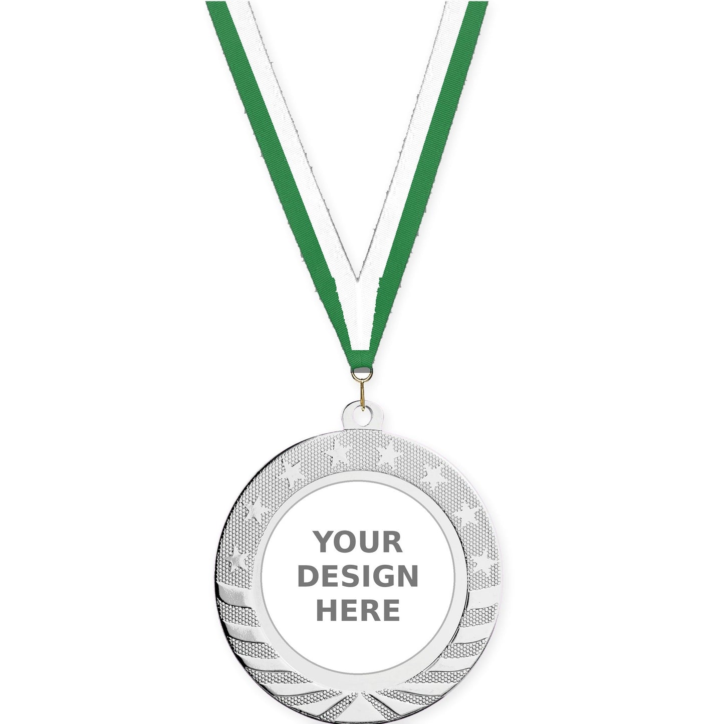 2 3/4 inch Starbrite insert medal in bright silver with Green White neck ribbon