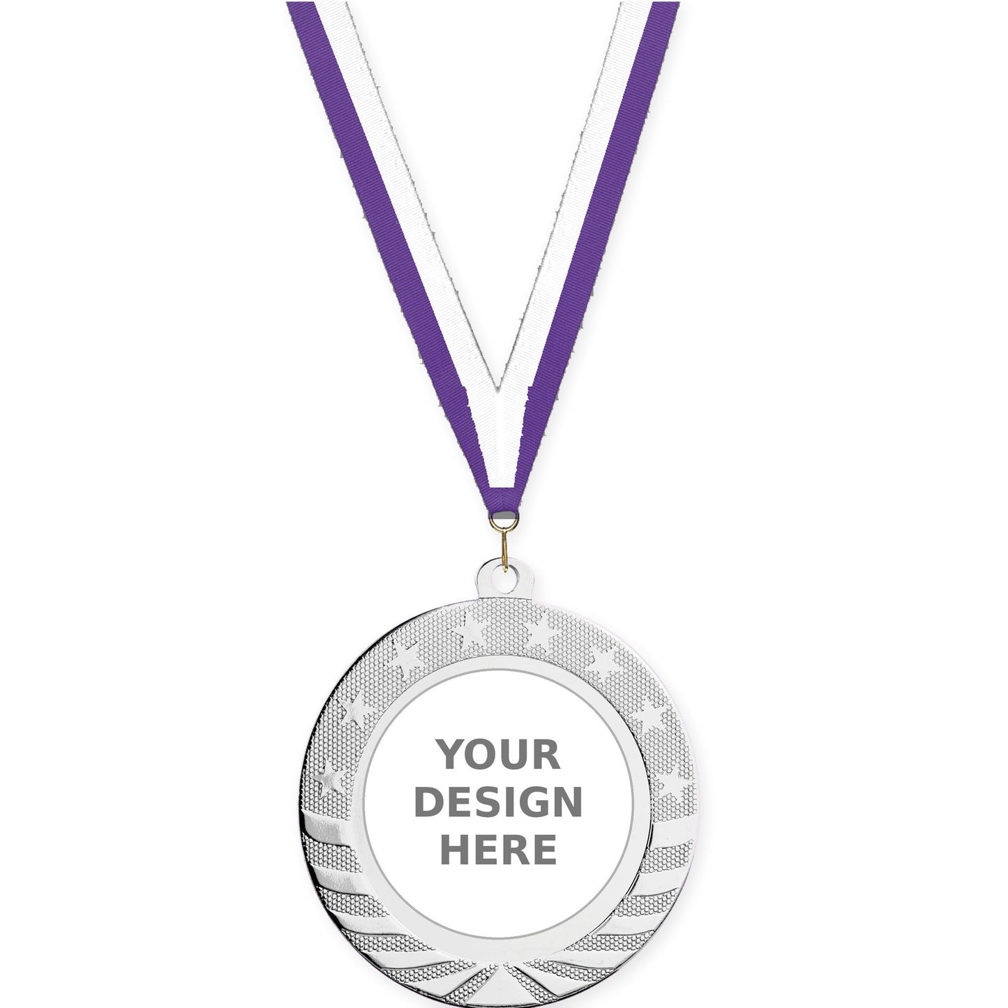 2 3/4 inch Starbrite insert medal in bright silver with Purple White neck ribbon