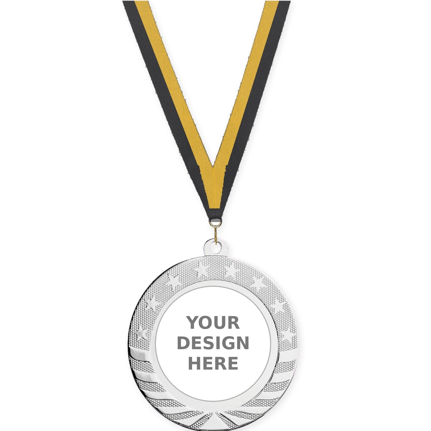 2 3/4 inch Starbrite insert medal in bright silver with Black Gold neck ribbon