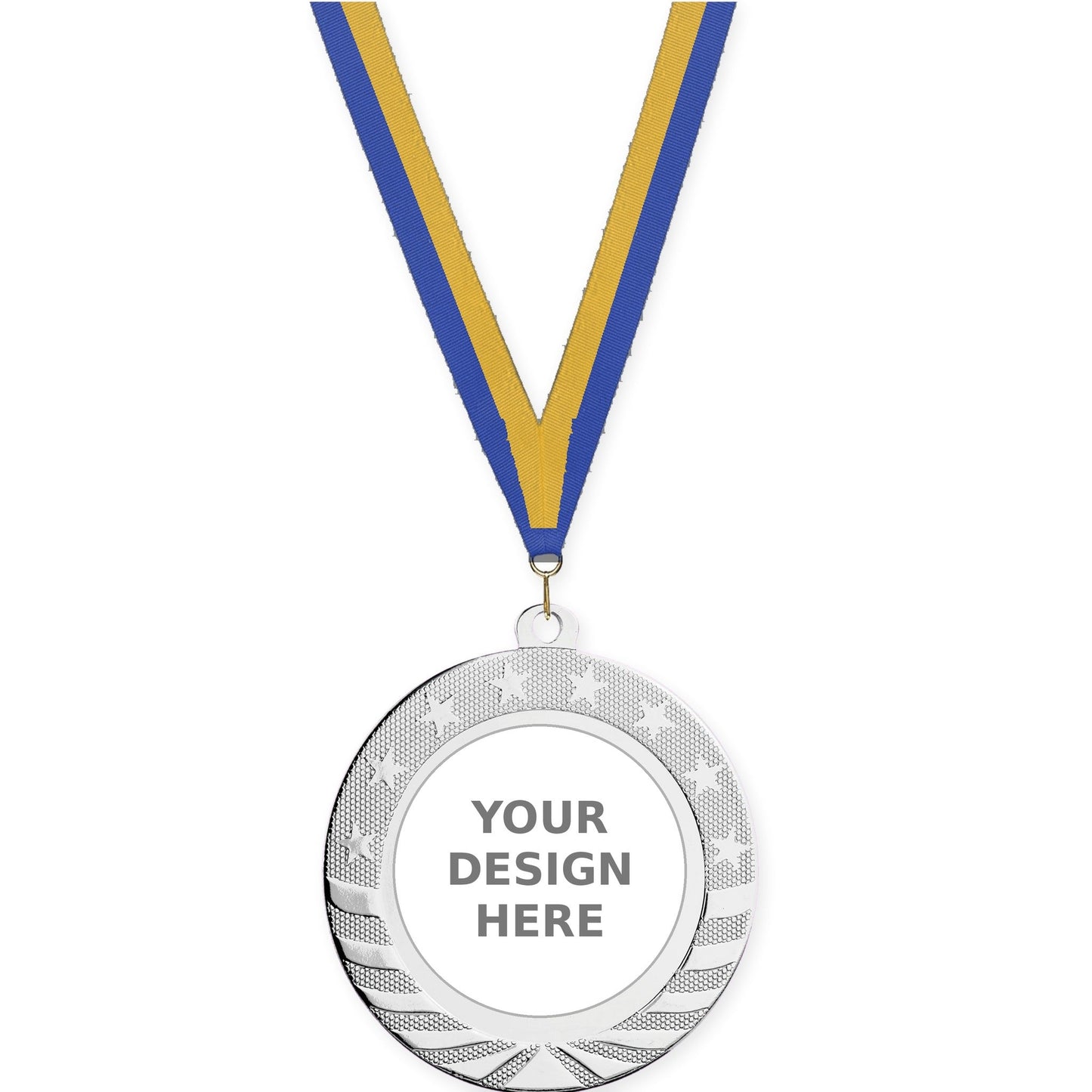 2 3/4 inch Starbrite insert medal in bright silver with Blue Gold neck ribbon