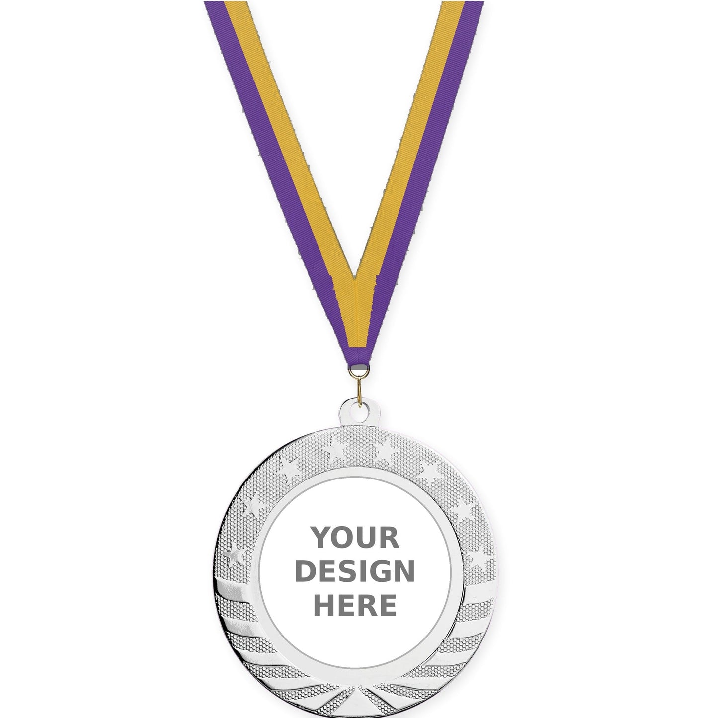 2 3/4 inch Starbrite insert medal in bright silver with Purple Gold neck ribbon