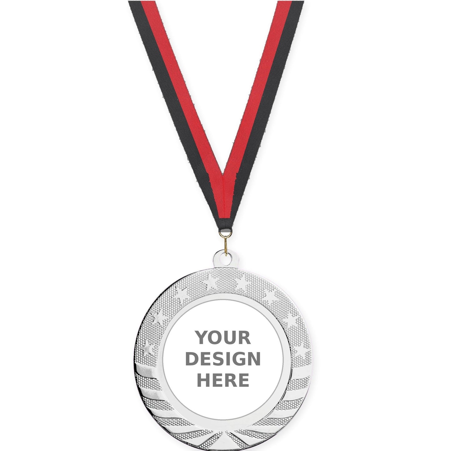 2 3/4 inch Starbrite insert medal in bright silver with Black Red neck ribbon