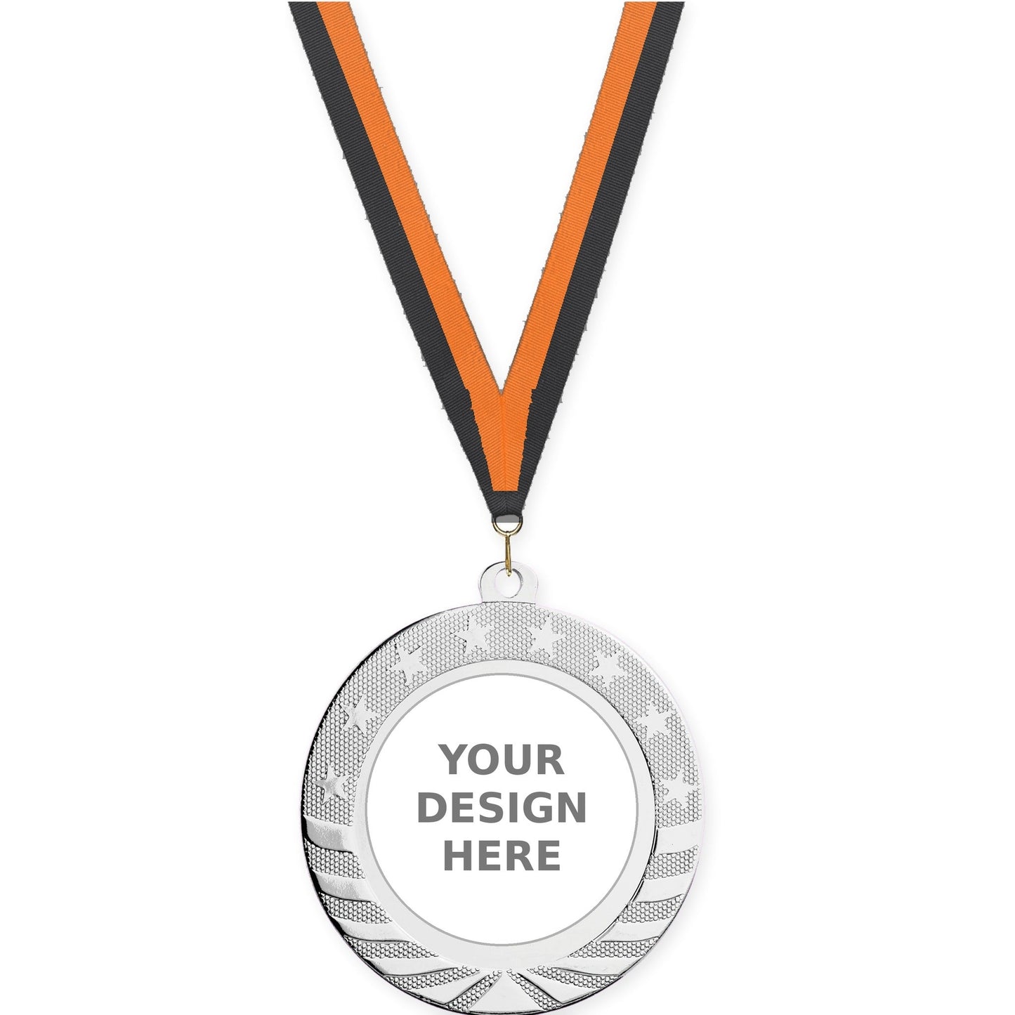 2 3/4 inch Starbrite insert medal in bright silver with Black Orange neck ribbon