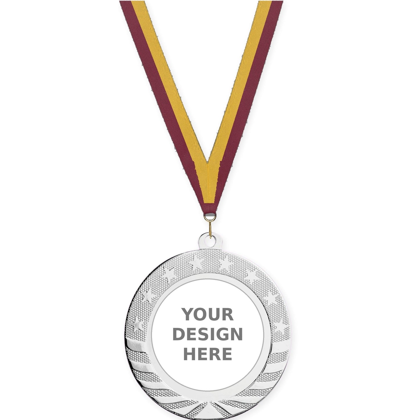 2 3/4 inch Starbrite insert medal in bright silver with Maroon Gold neck ribbon