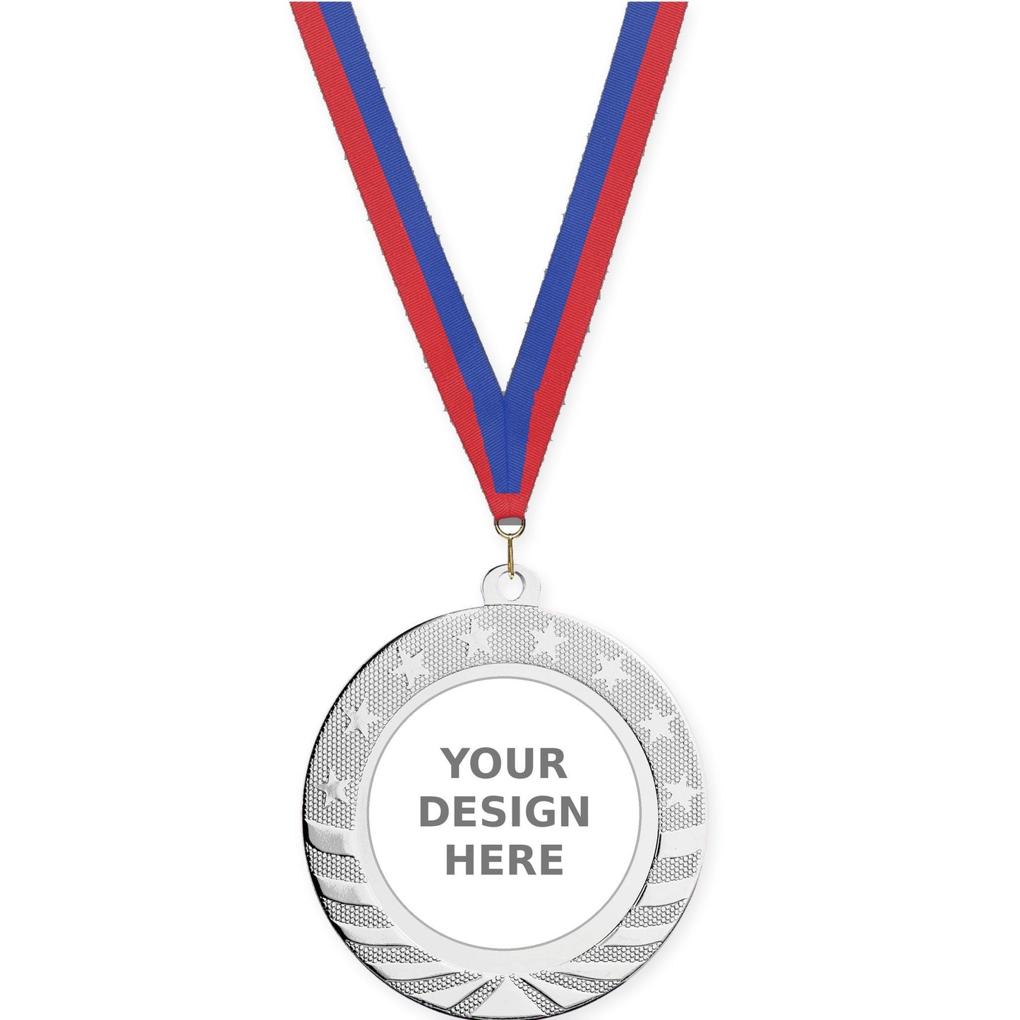 2 3/4 inch Starbrite insert medal in bright silver with Blue Red neck ribbon