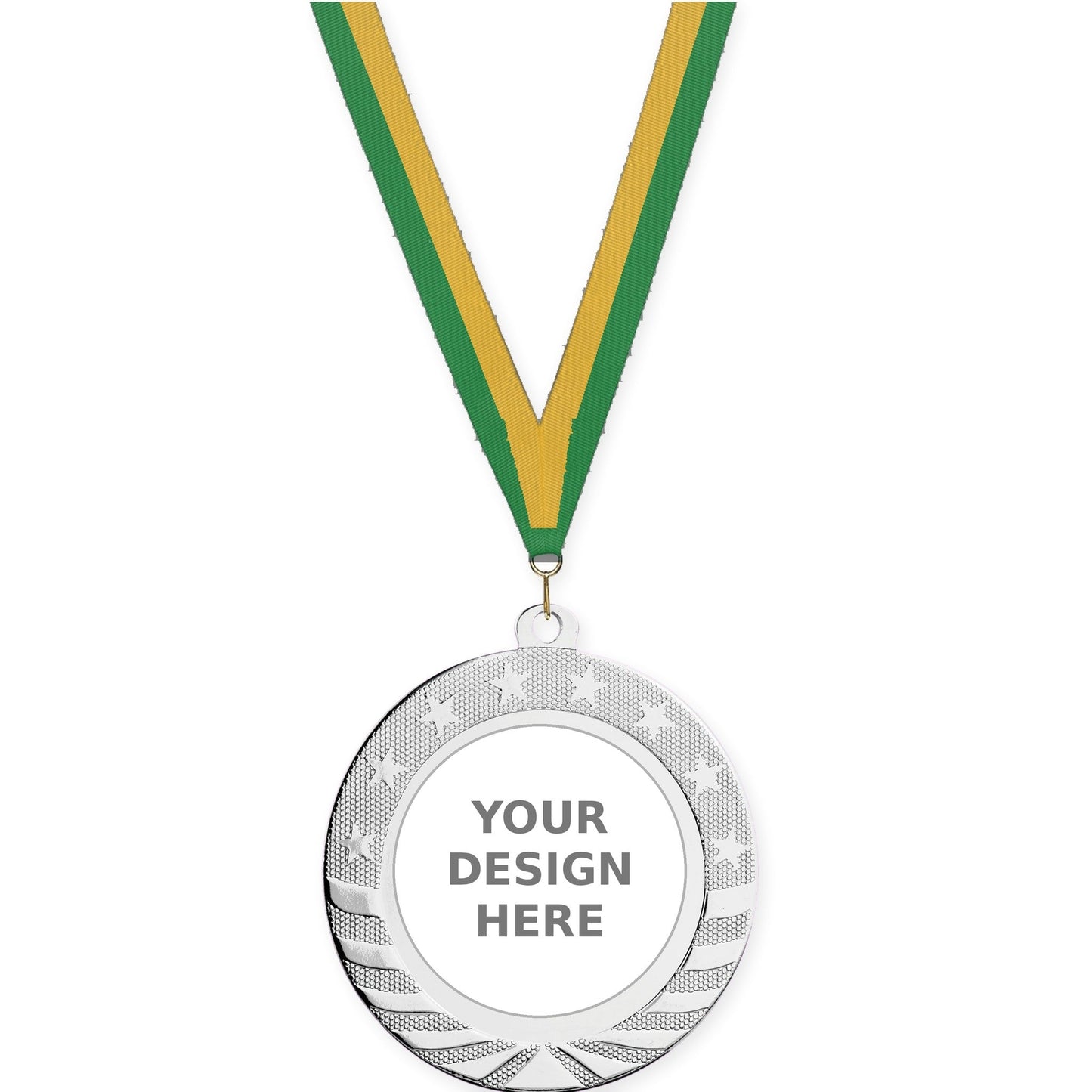 2 3/4 inch Starbrite insert medal in bright silver with Green Gold neck ribbon