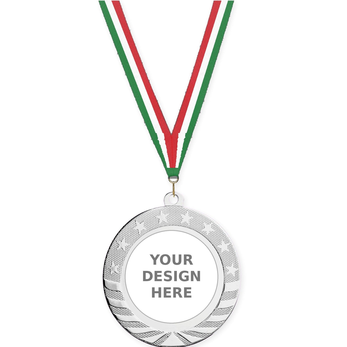 2 3/4 inch Starbrite insert medal in bright silver with Green White Red neck ribbon