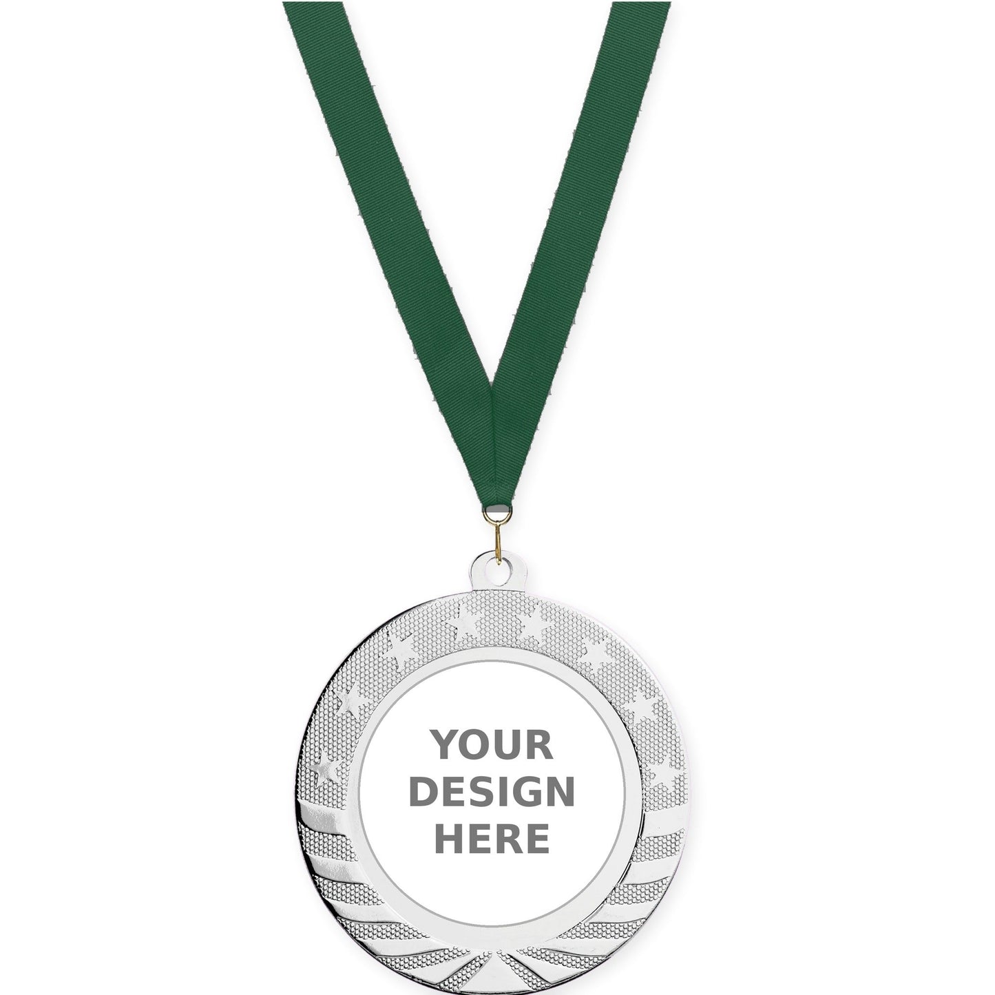 2 3/4 inch Starbrite insert medal in bright silver with Hunter Green neck ribbon