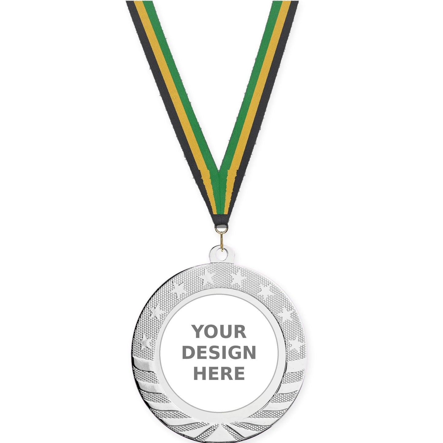 2 3/4 inch Starbrite insert medal in bright silver with Black Gold Green neck ribbon