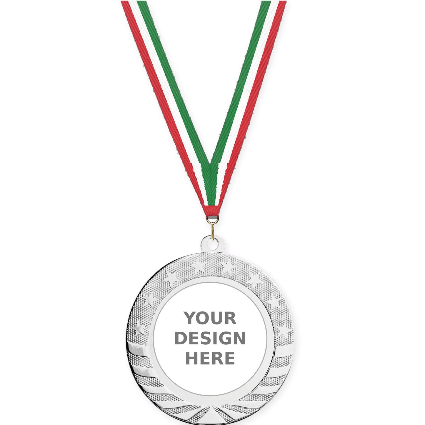 2 3/4 inch Starbrite insert medal in bright silver with Red White Green neck ribbon