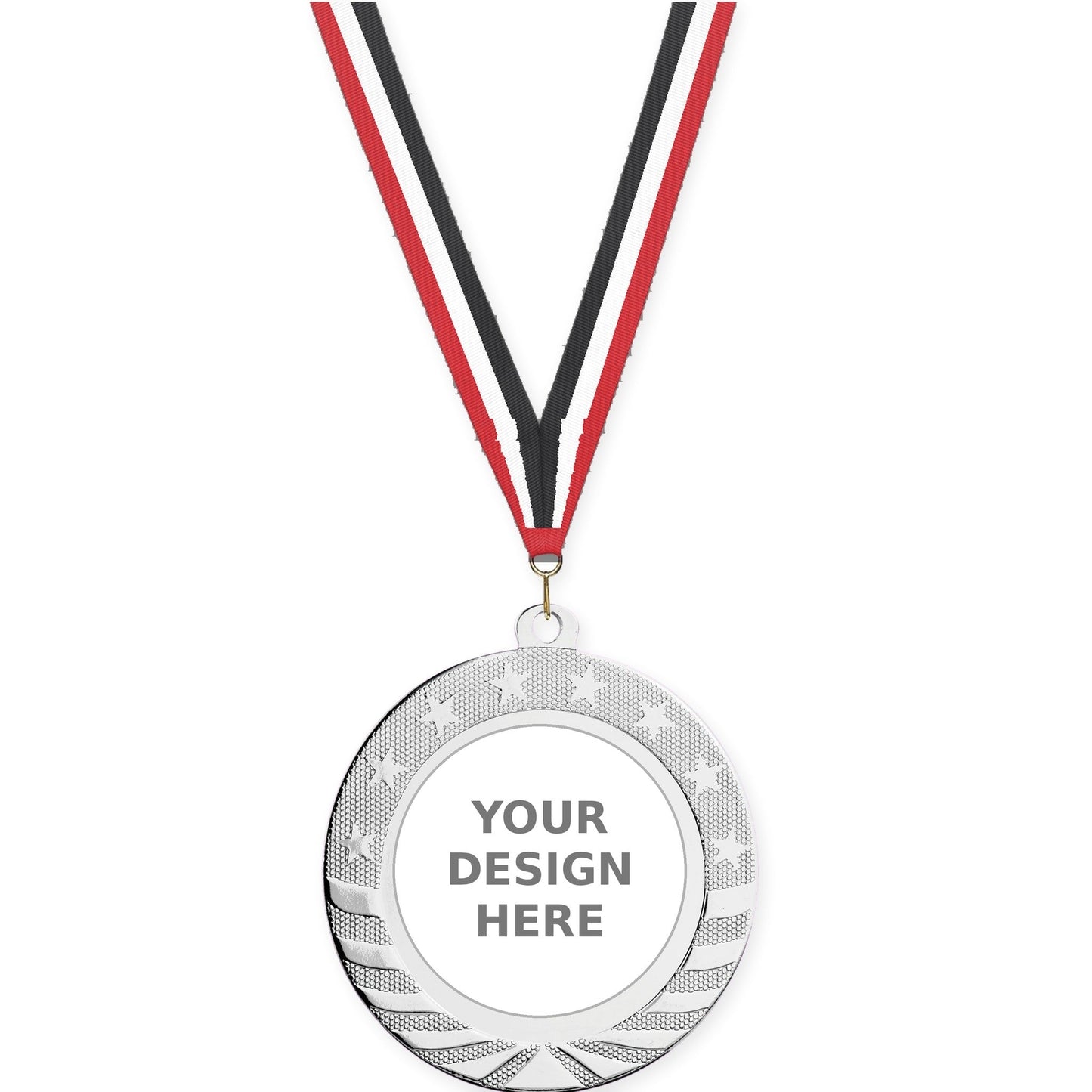 2 3/4 inch Starbrite insert medal in bright silver with Red White Black neck ribbon