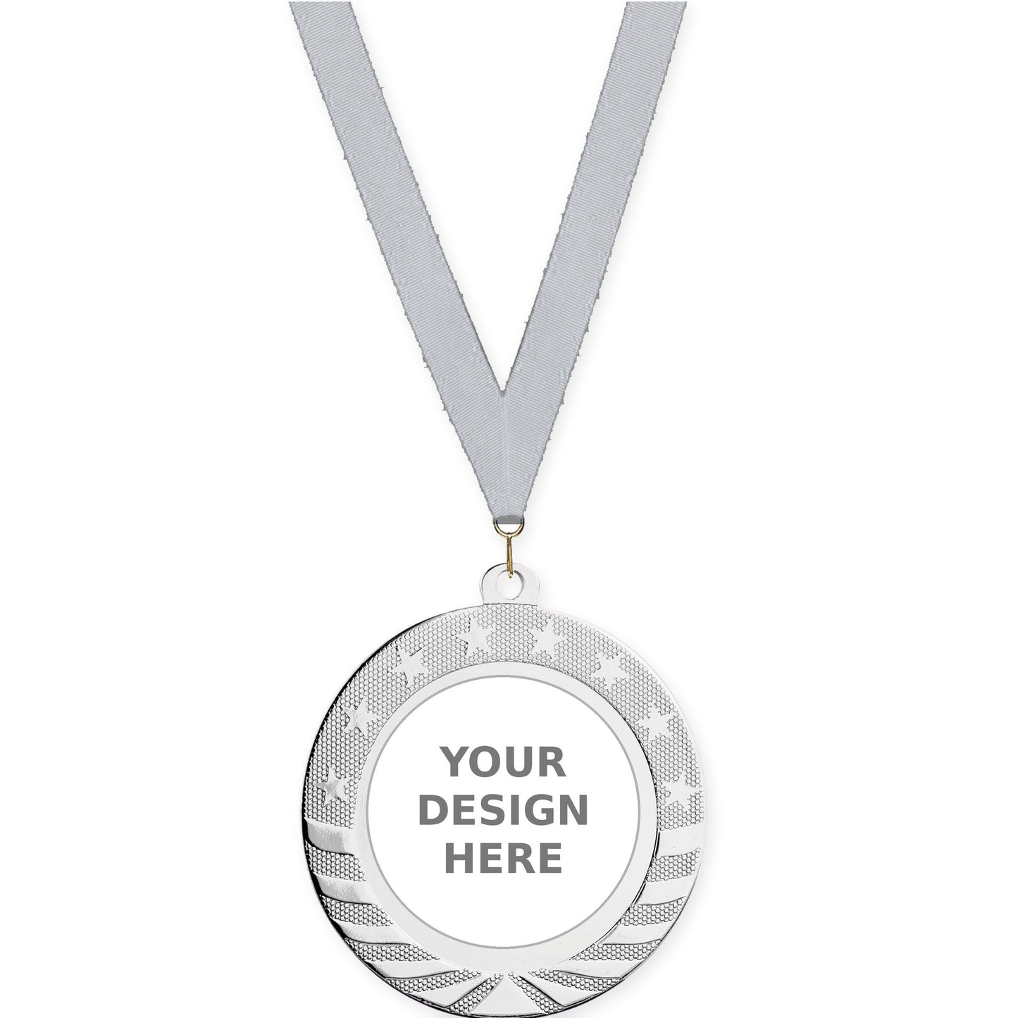 2 3/4 inch Starbrite insert medal in bright silver with Silver Metallic neck ribbon