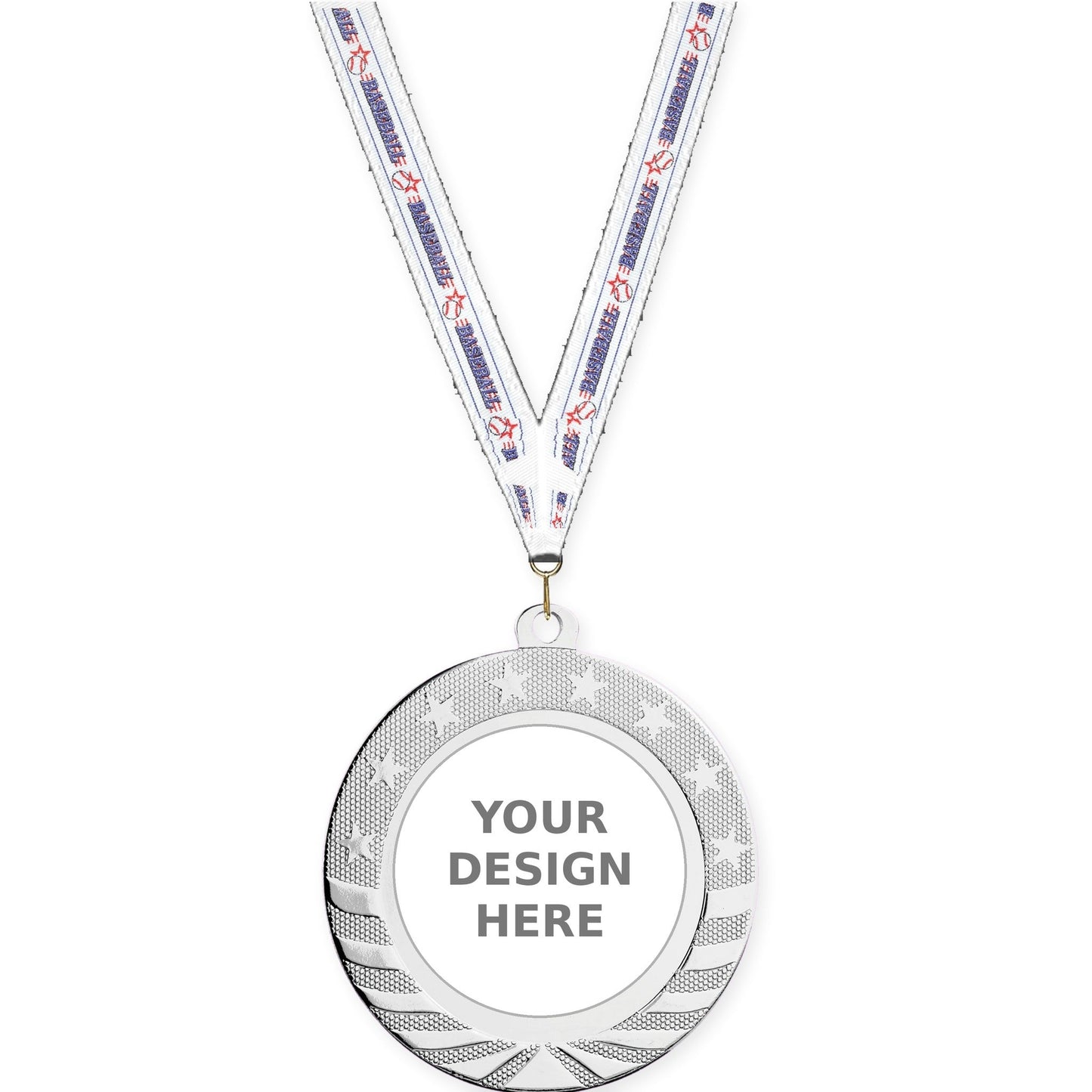 2 3/4 inch Starbrite insert medal in bright silver with Baseball neck ribbon