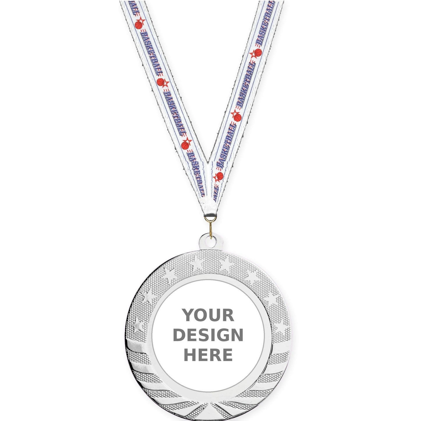 2 3/4 inch Starbrite insert medal in bright silver with Basketball neck ribbon