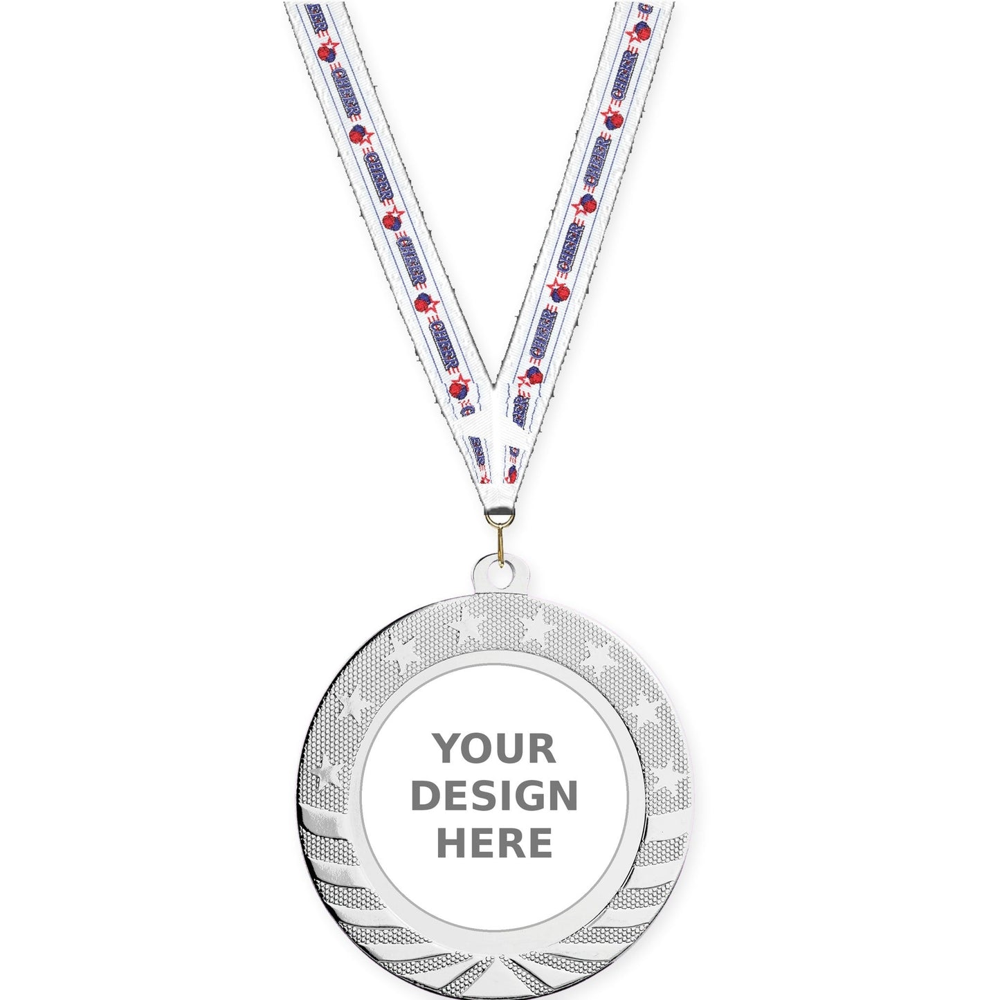 2 3/4 inch Starbrite insert medal in bright silver with Cheerleading neck ribbon