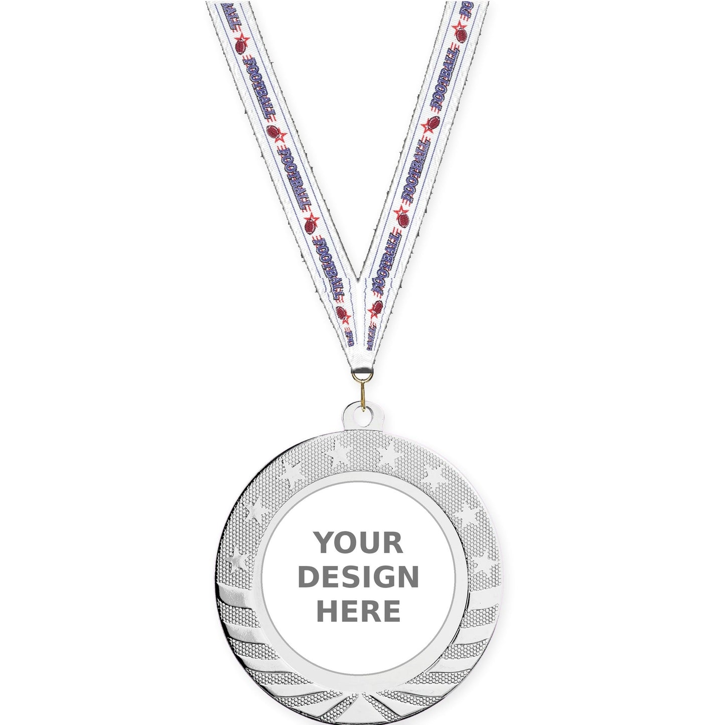 2 3/4 inch Starbrite insert medal in bright silver with Football neck ribbon