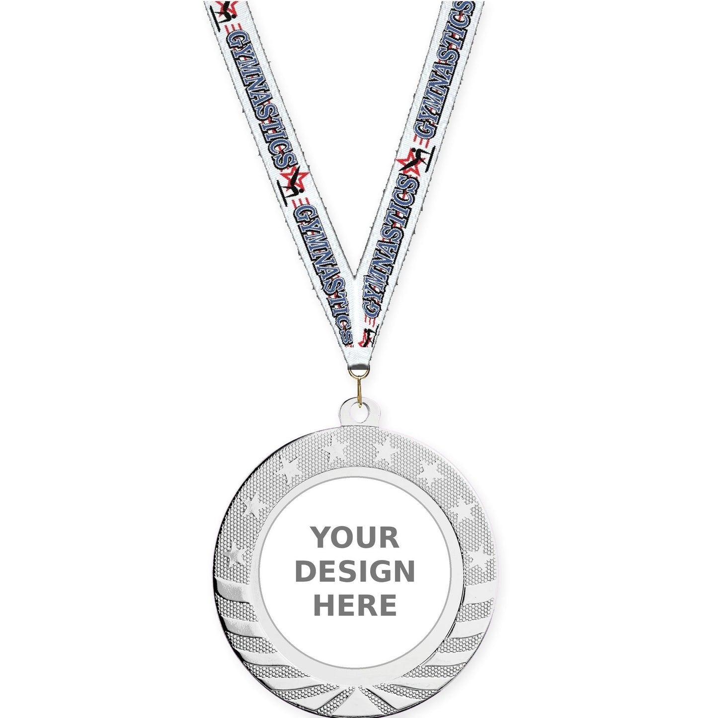 2 3/4 inch Starbrite insert medal in bright silver with Gymnastics neck ribbon