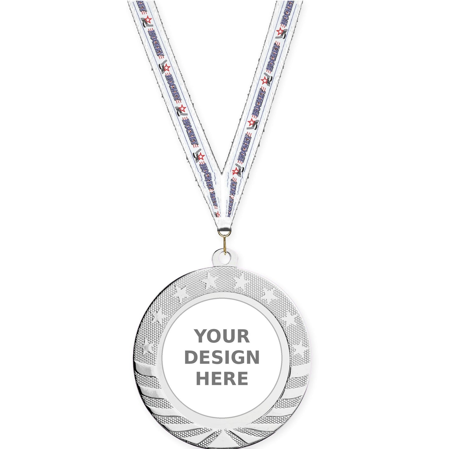 2 3/4 inch Starbrite insert medal in bright silver with Hockey neck ribbon
