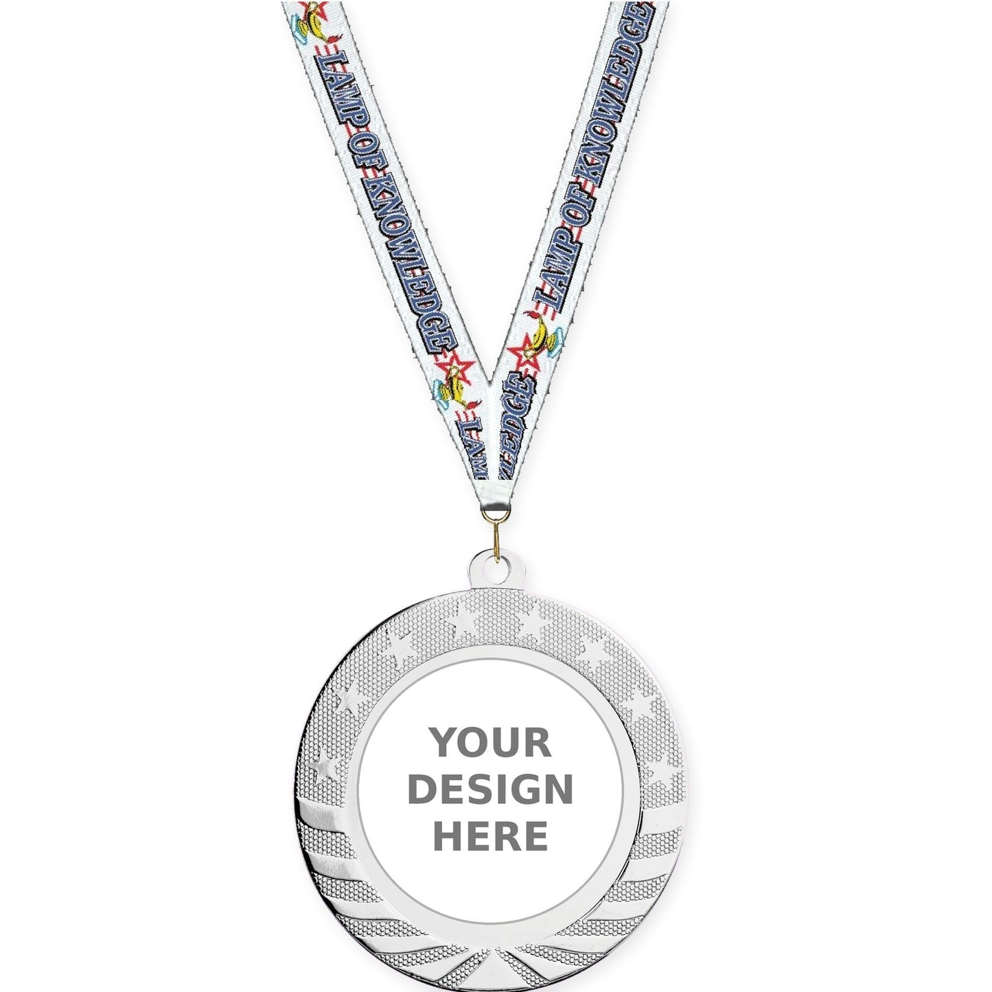 2 3/4 inch Starbrite insert medal in bright silver with Lamp Of Knowledge neck ribbon