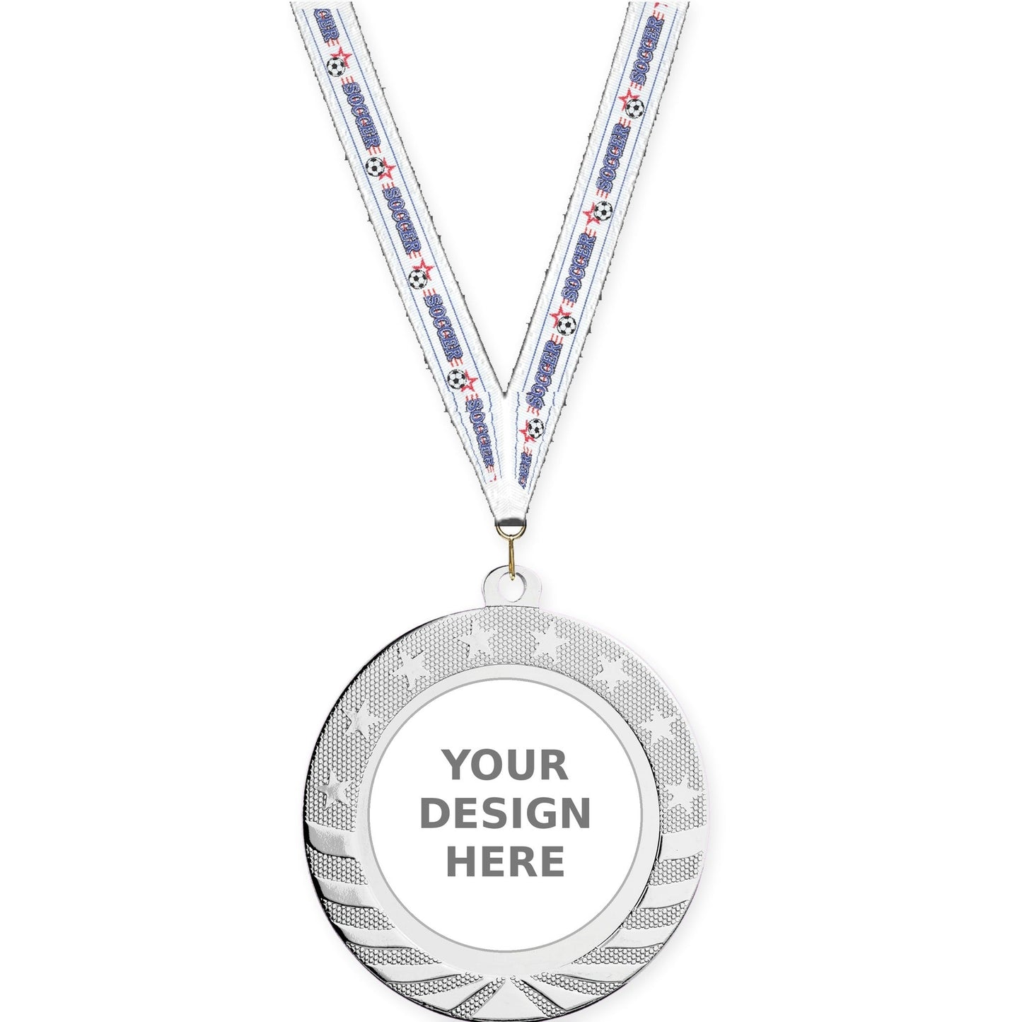 2 3/4 inch Starbrite insert medal in bright silver with Soccer neck ribbon