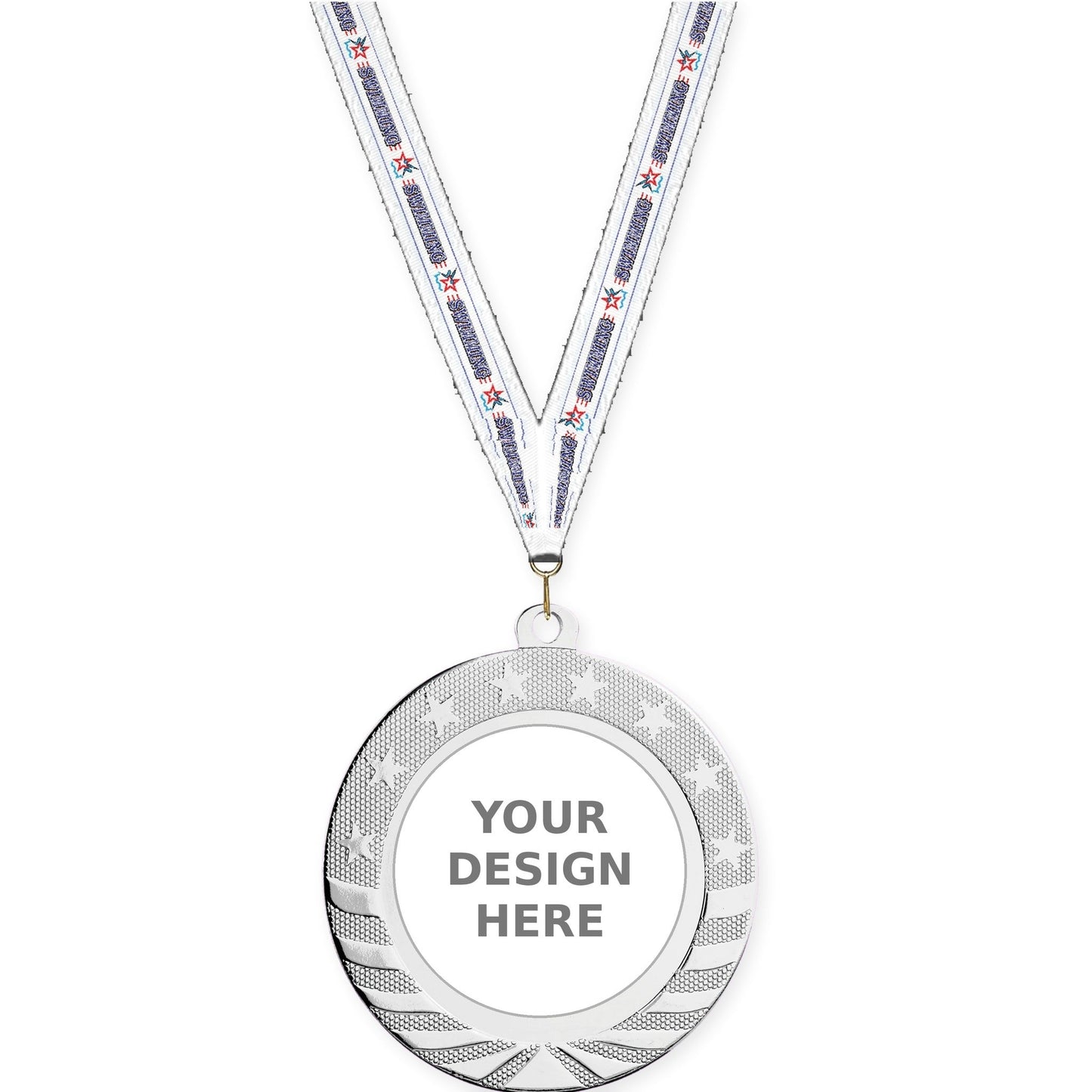 2 3/4 inch Starbrite insert medal in bright silver with Swimming neck ribbon