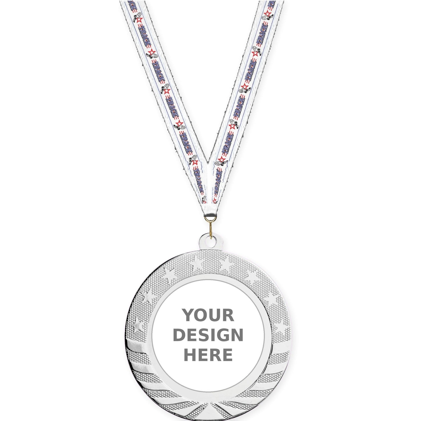 2 3/4 inch Starbrite insert medal in bright silver with Track neck ribbon