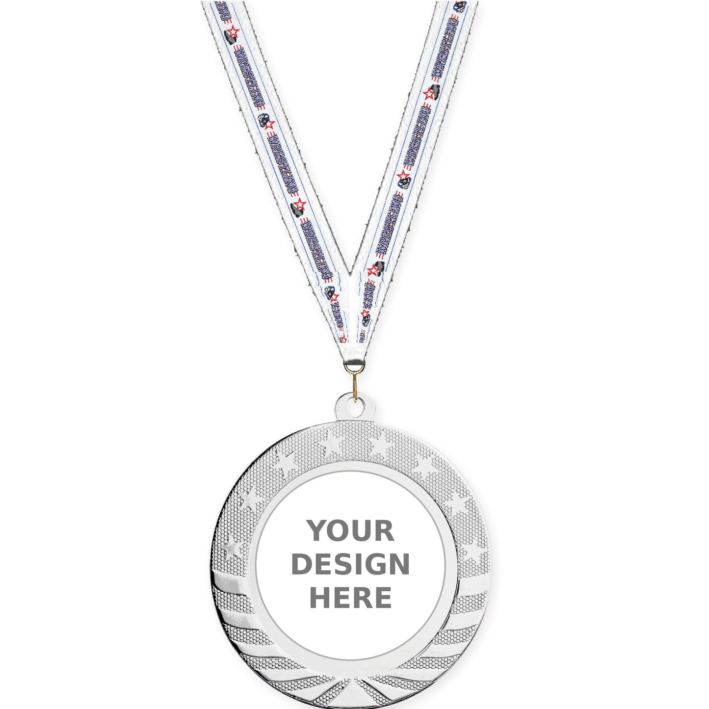 2 3/4 inch Starbrite insert medal in bright silver with Wrestling neck ribbon