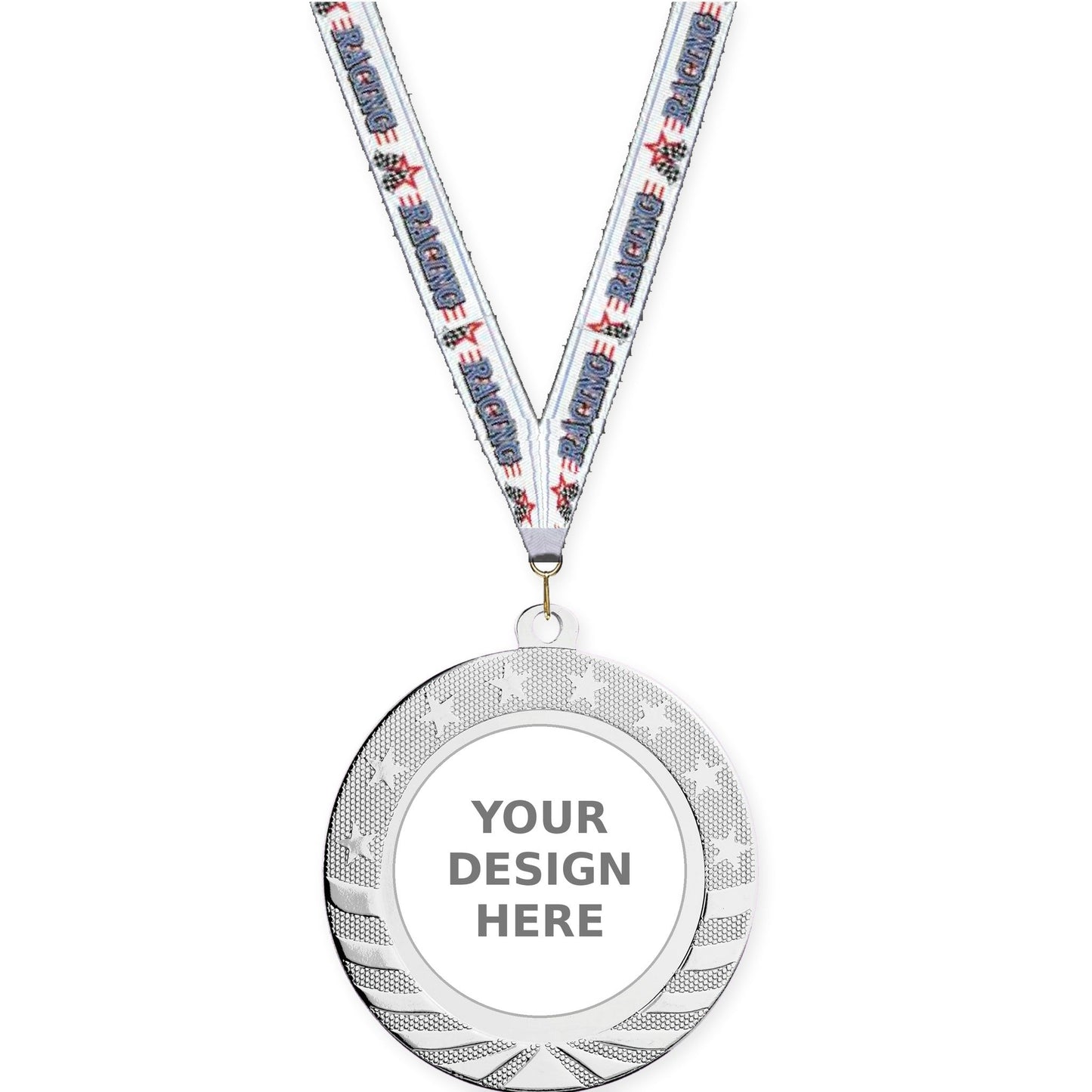 2 3/4 inch Starbrite insert medal in bright silver with Auto Racing neck ribbon
