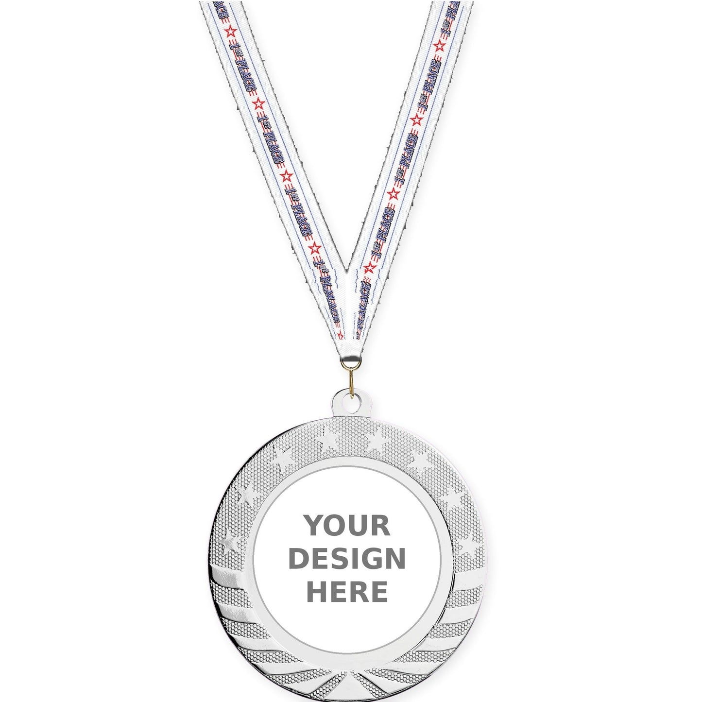 2 3/4 inch Starbrite insert medal in bright silver with 1st Place neck ribbon