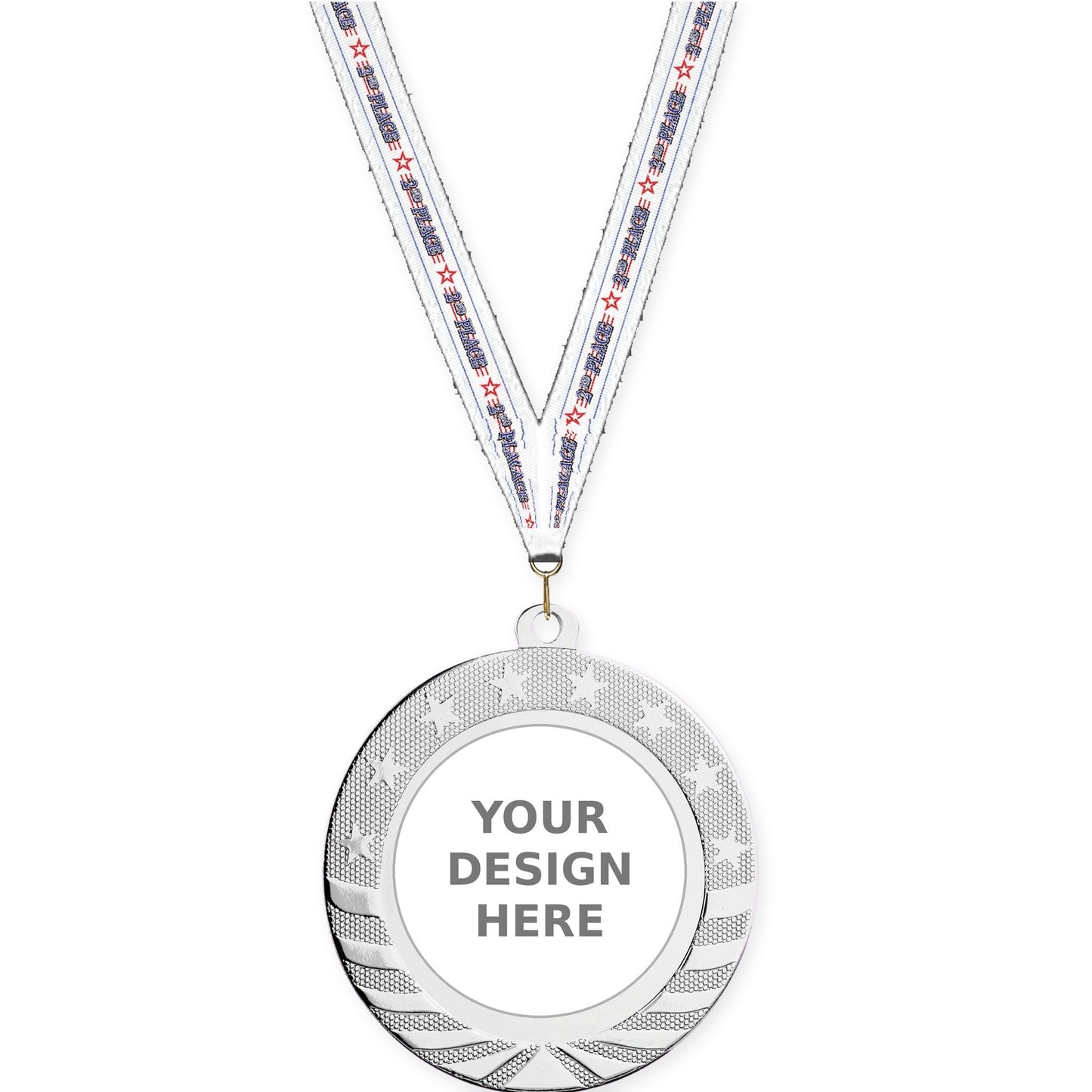 2 3/4 inch Starbrite insert medal in bright silver with 2nd Place neck ribbon
