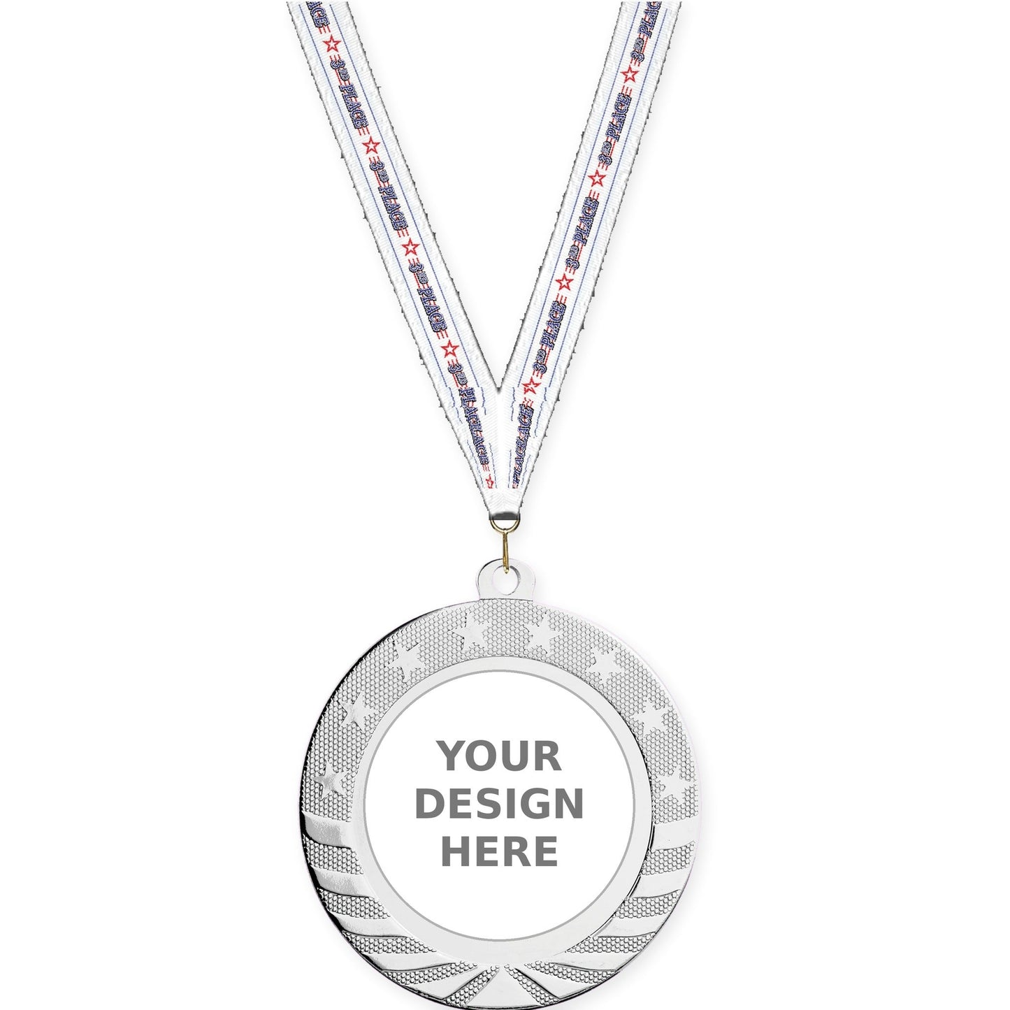 2 3/4 inch Starbrite insert medal in bright silver with 3rd Place neck ribbon