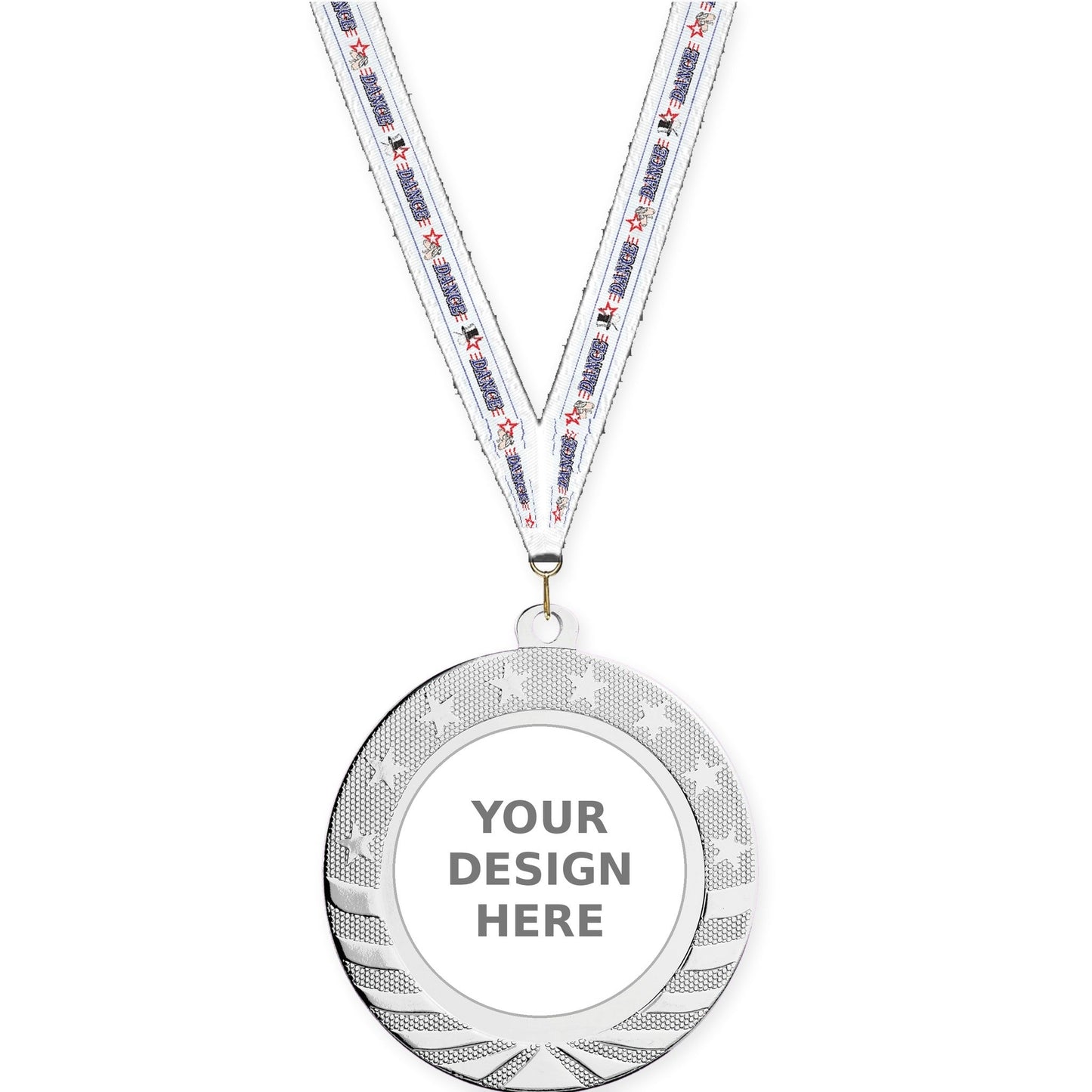 2 3/4 inch Starbrite insert medal in bright silver with Dance neck ribbon