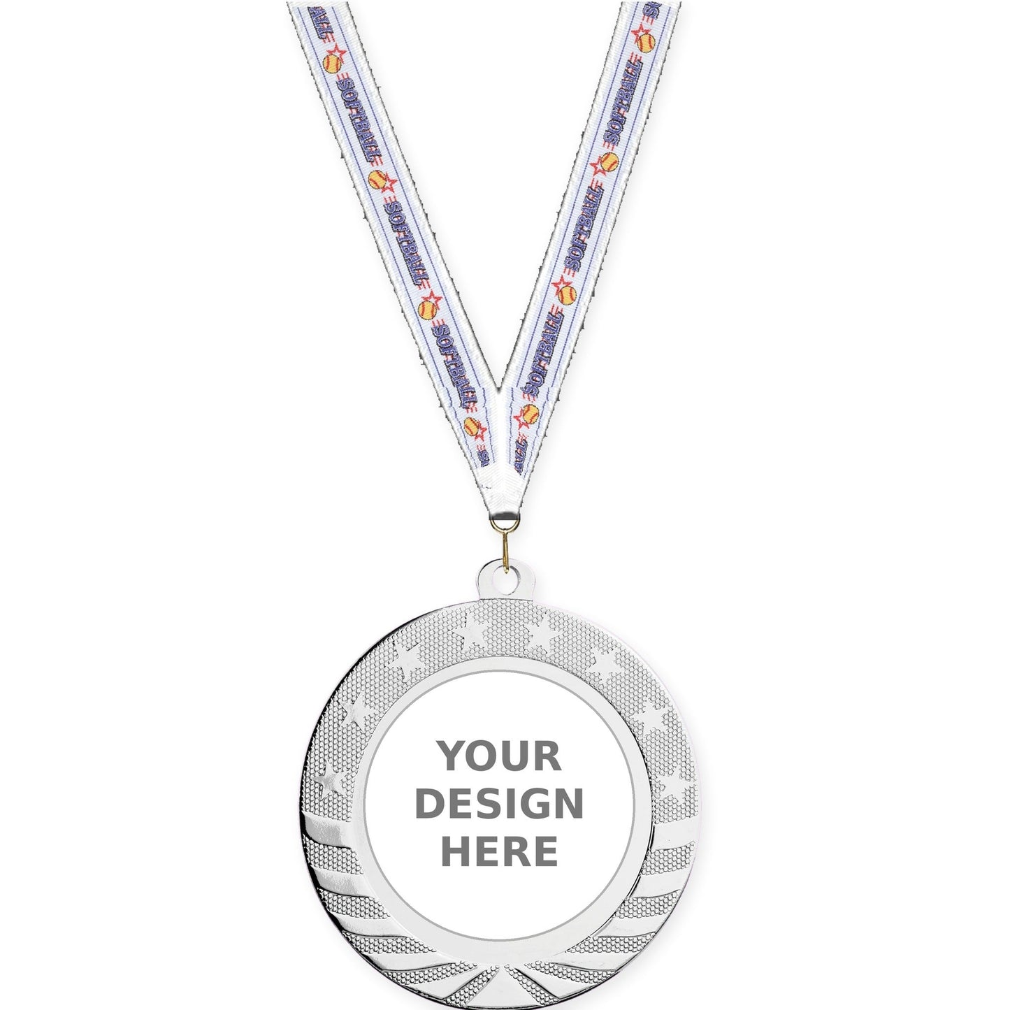 2 3/4 inch Starbrite insert medal in bright silver with Softball neck ribbon