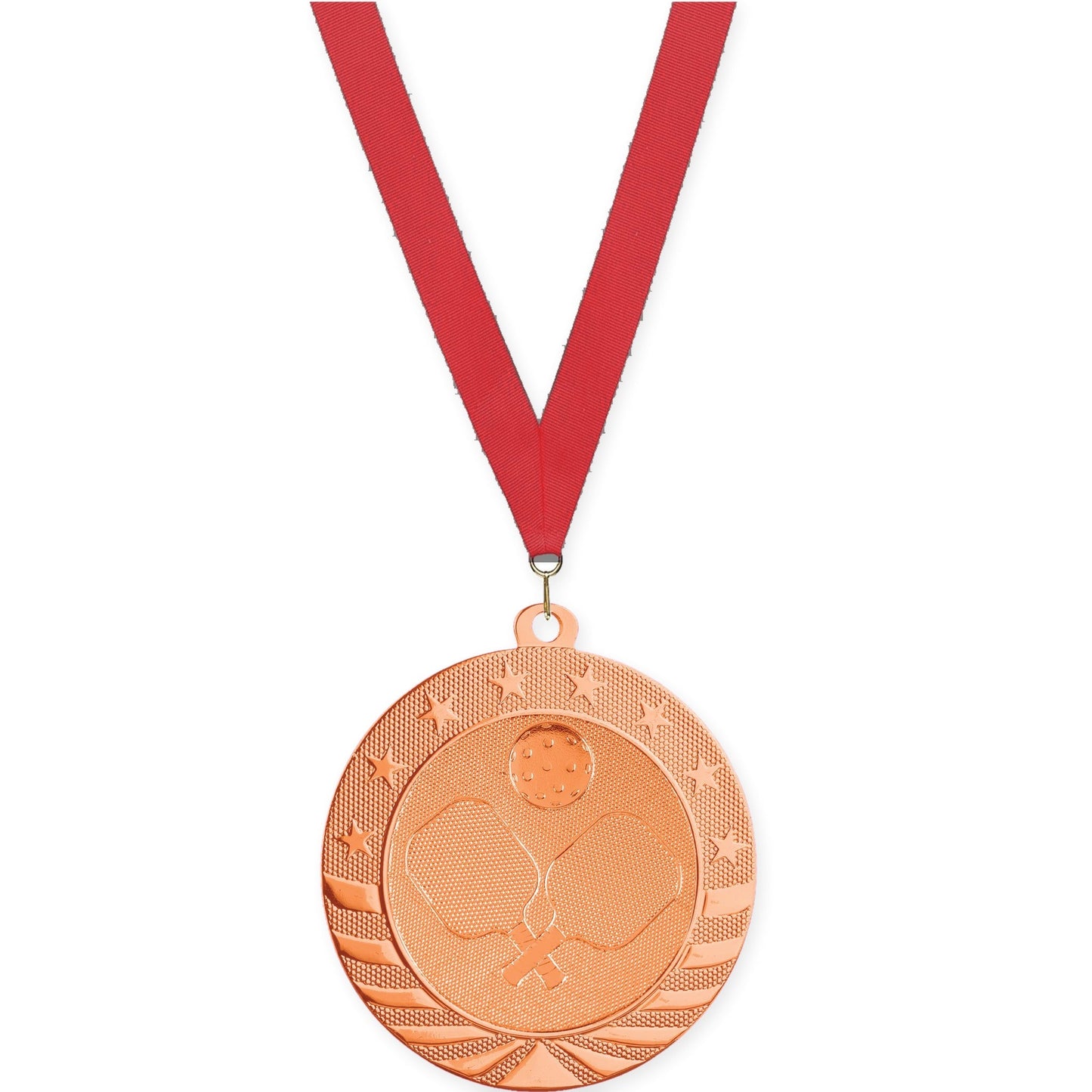 2 3/4 inch pickleball Starbrite medal in bright bronze with Red neck ribbon