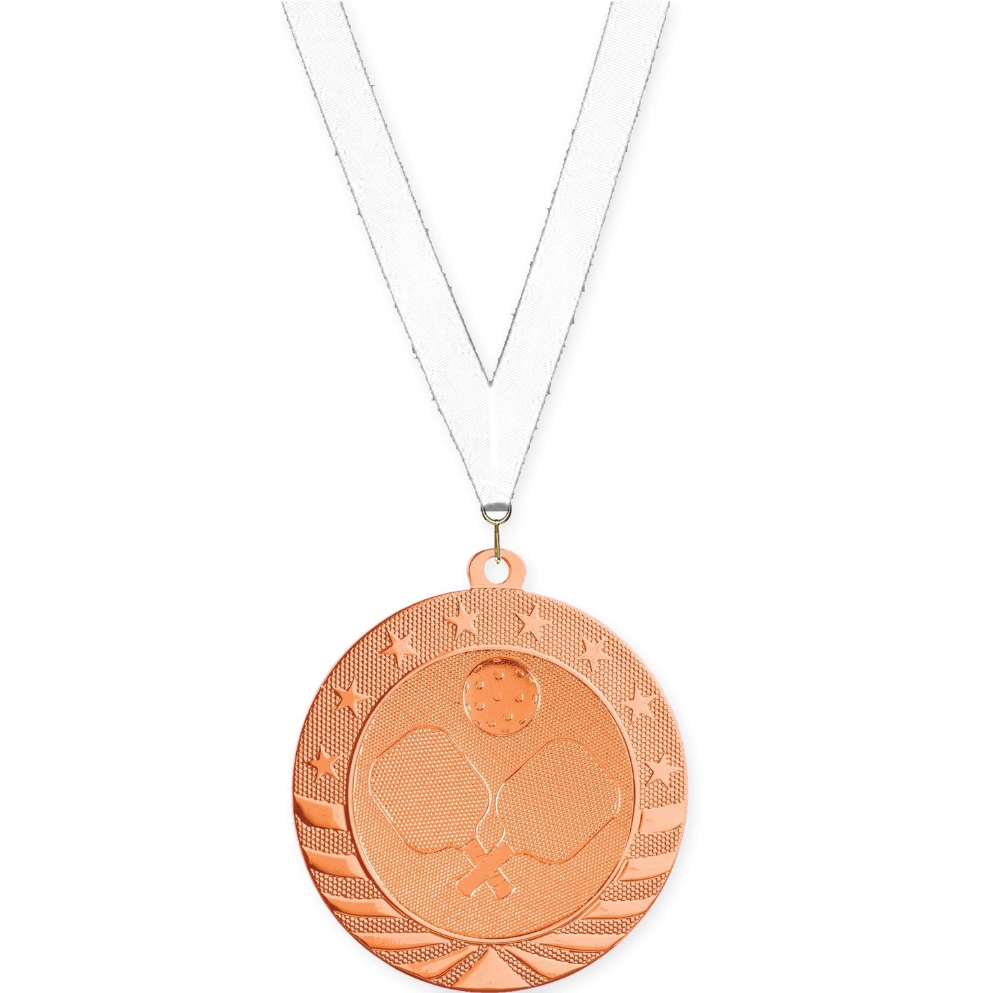 2 3/4 inch pickleball Starbrite medal in bright bronze with White neck ribbon