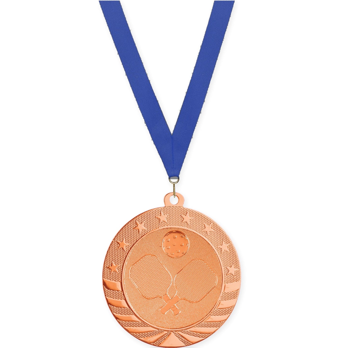 2 3/4 inch pickleball Starbrite medal in bright bronze with Blue neck ribbon