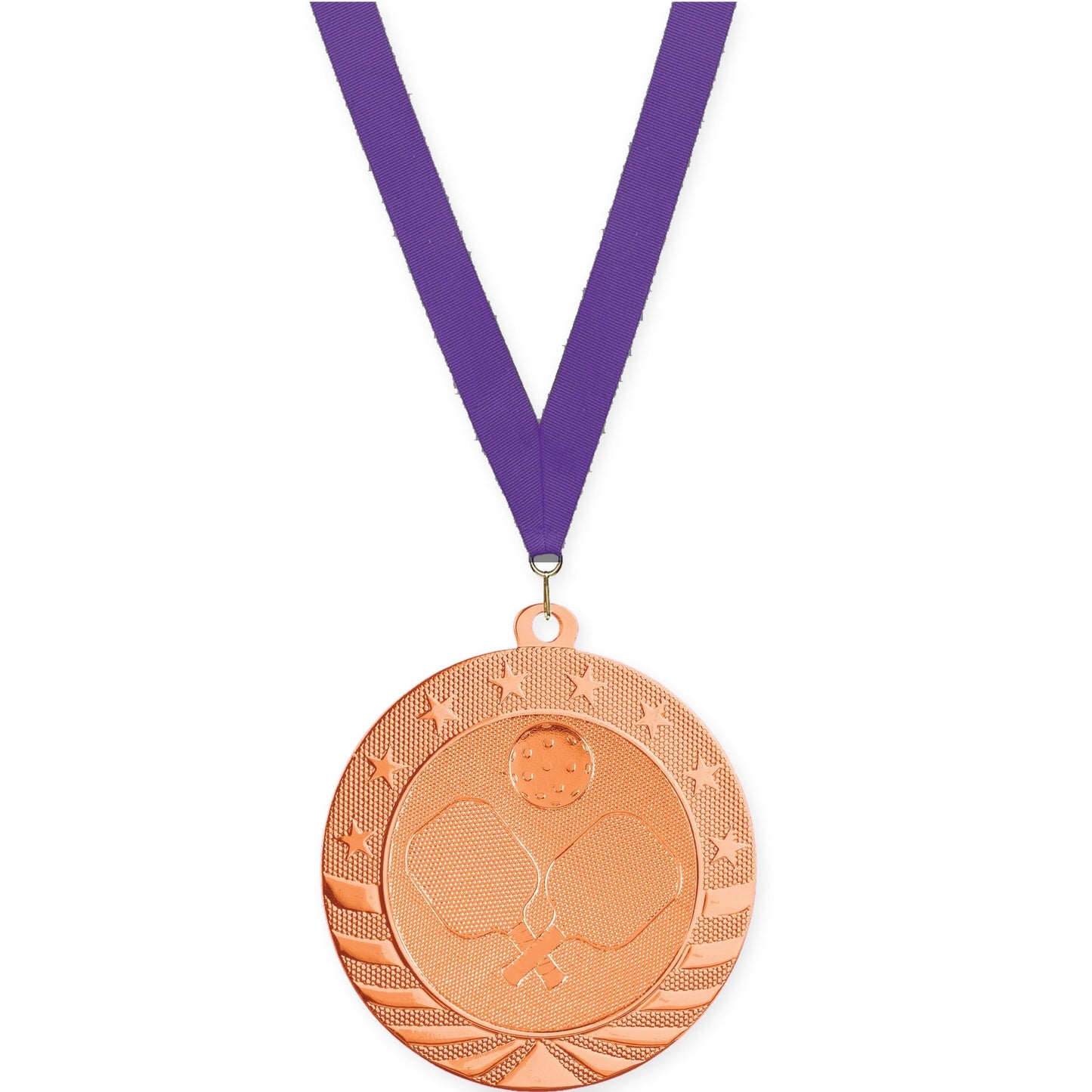 2 3/4 inch pickleball Starbrite medal in bright bronze with Purple neck ribbon
