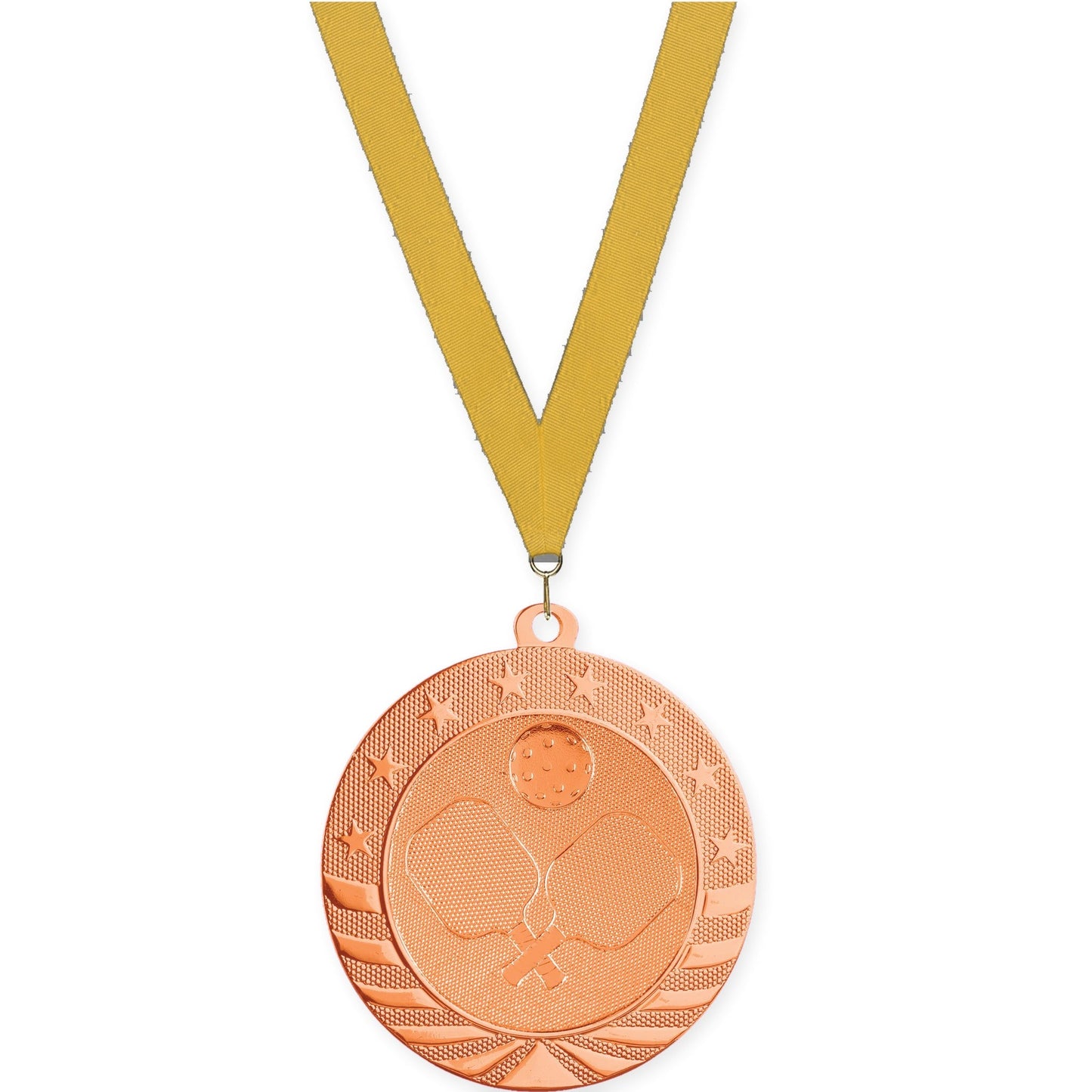 2 3/4 inch pickleball Starbrite medal in bright bronze with Gold neck ribbon