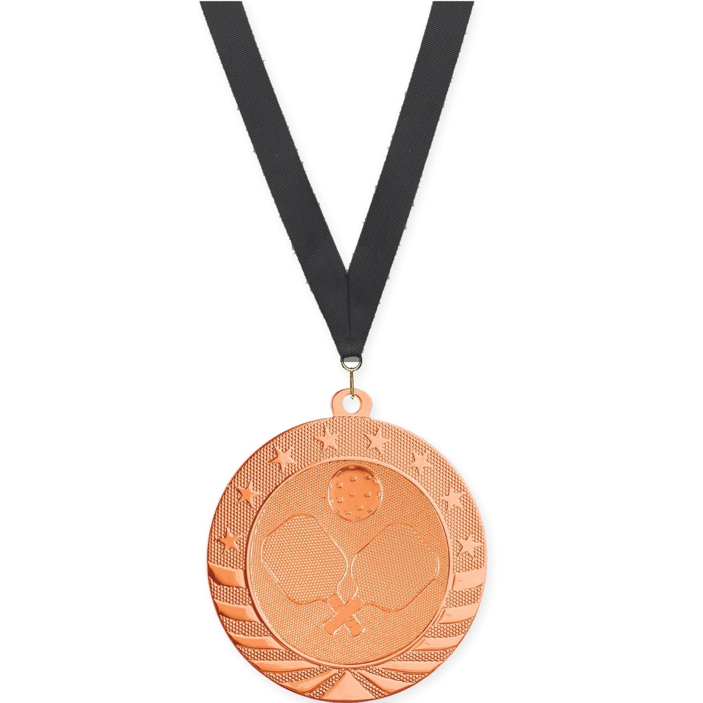 2 3/4 inch pickleball Starbrite medal in bright bronze with Black neck ribbon