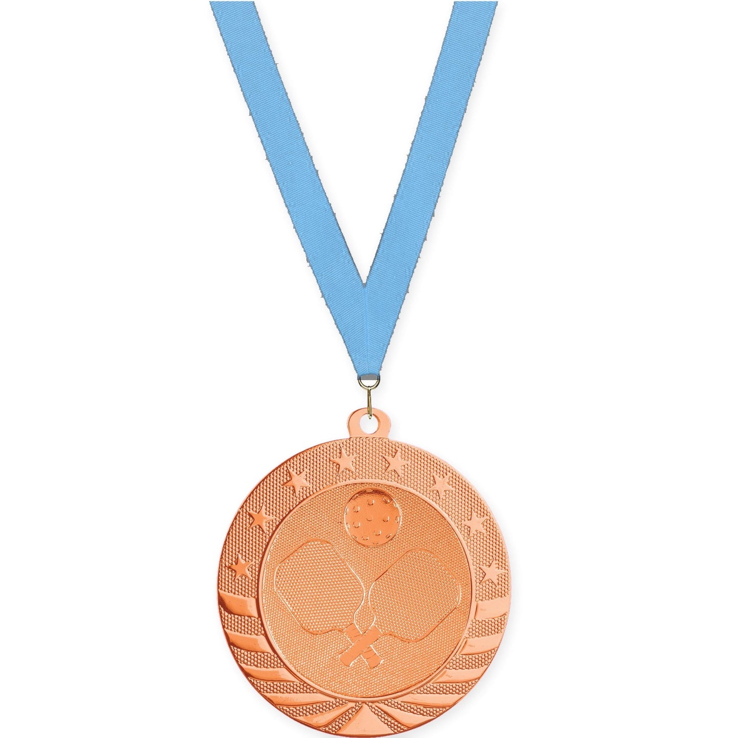 2 3/4 inch pickleball Starbrite medal in bright bronze with Light Blue neck ribbon