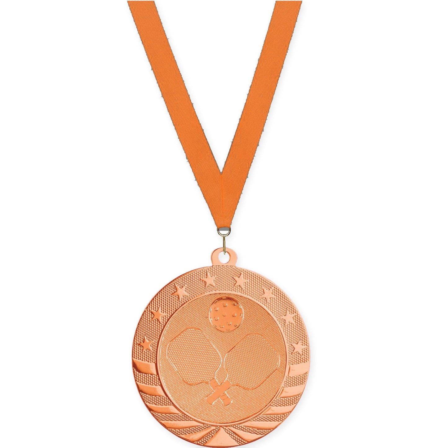 2 3/4 inch pickleball Starbrite medal in bright bronze with Orange neck ribbon