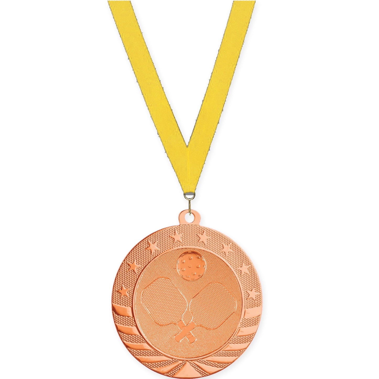 2 3/4 inch pickleball Starbrite medal in bright bronze with Yellow neck ribbon