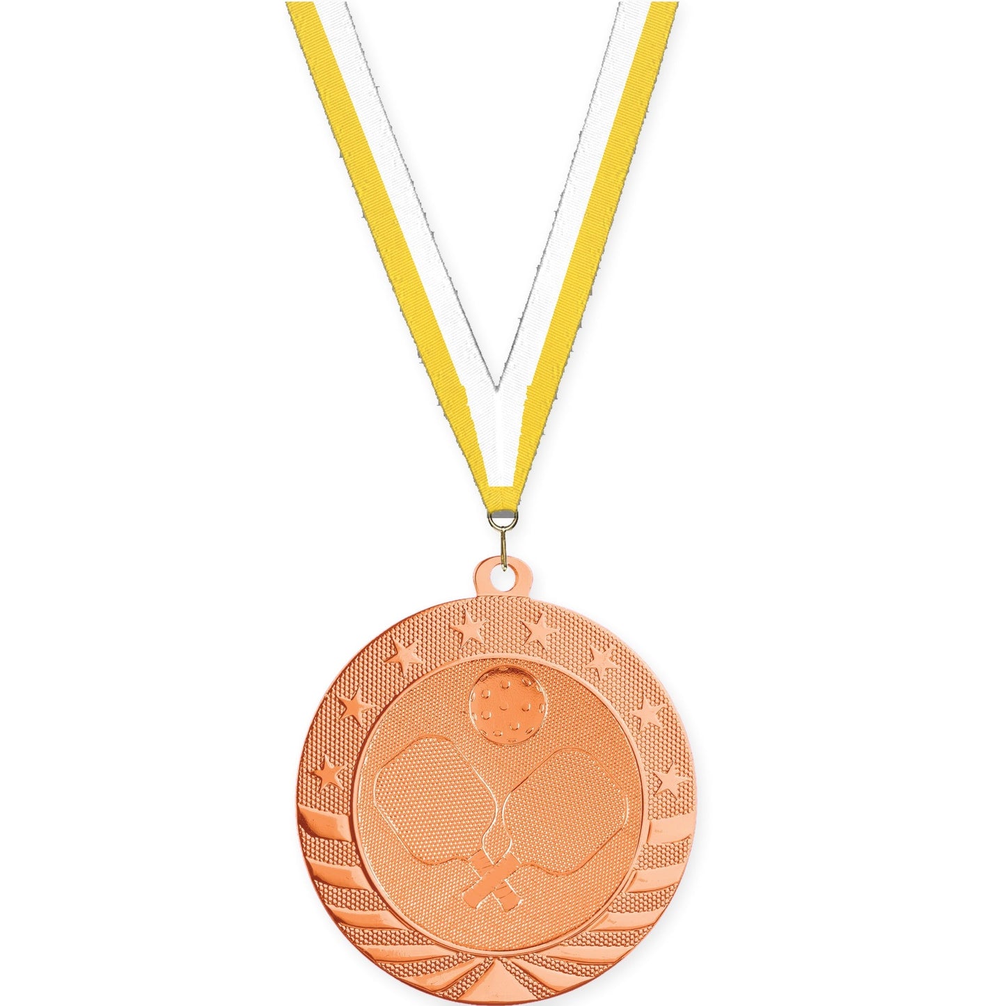 2 3/4 inch pickleball Starbrite medal in bright bronze with Yellow White neck ribbon