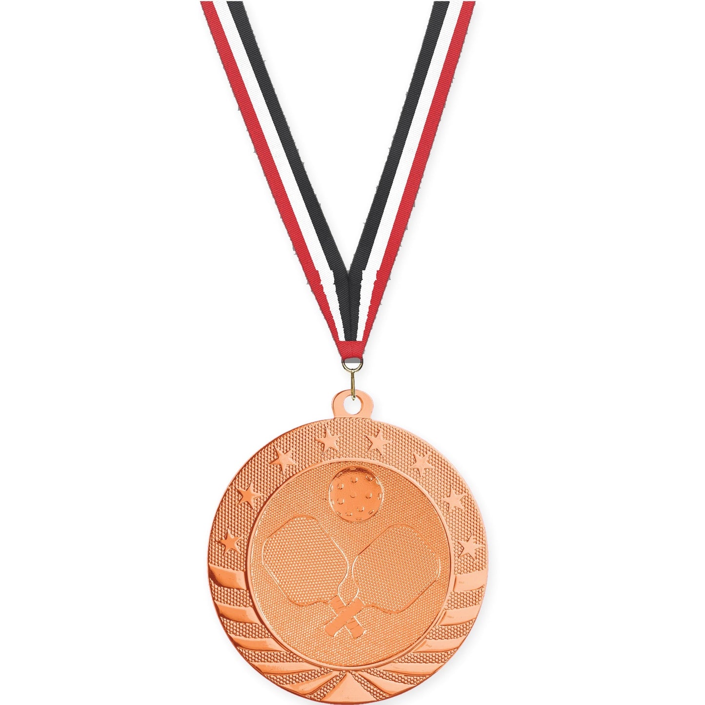 2 3/4 inch pickleball Starbrite medal in bright bronze with Red White Black neck ribbon